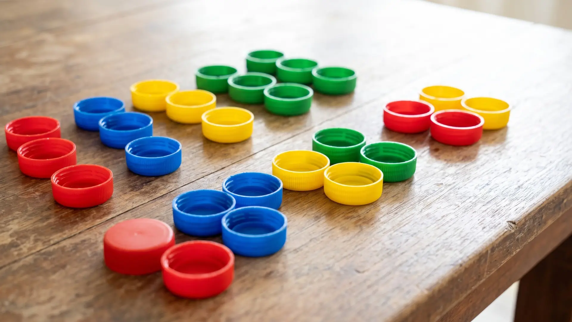 Rows of colorful plastic caps displayed with numbers on a wooden surface for a simple learning project