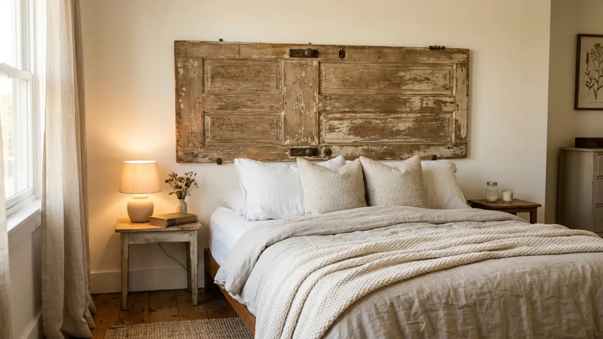 Rustic bedroom featuring a reclaimed wooden door headboard with neutral bedding and cozy vintage inspired decor elements
