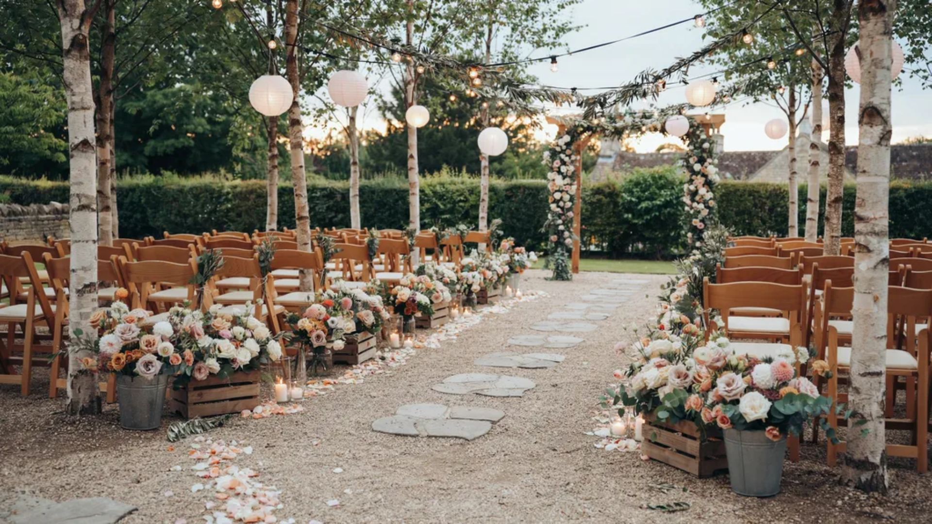 Rustic outdoor wedding aisle lined with flower-filled crates, wooden chairs, paper lanterns, and a floral arch