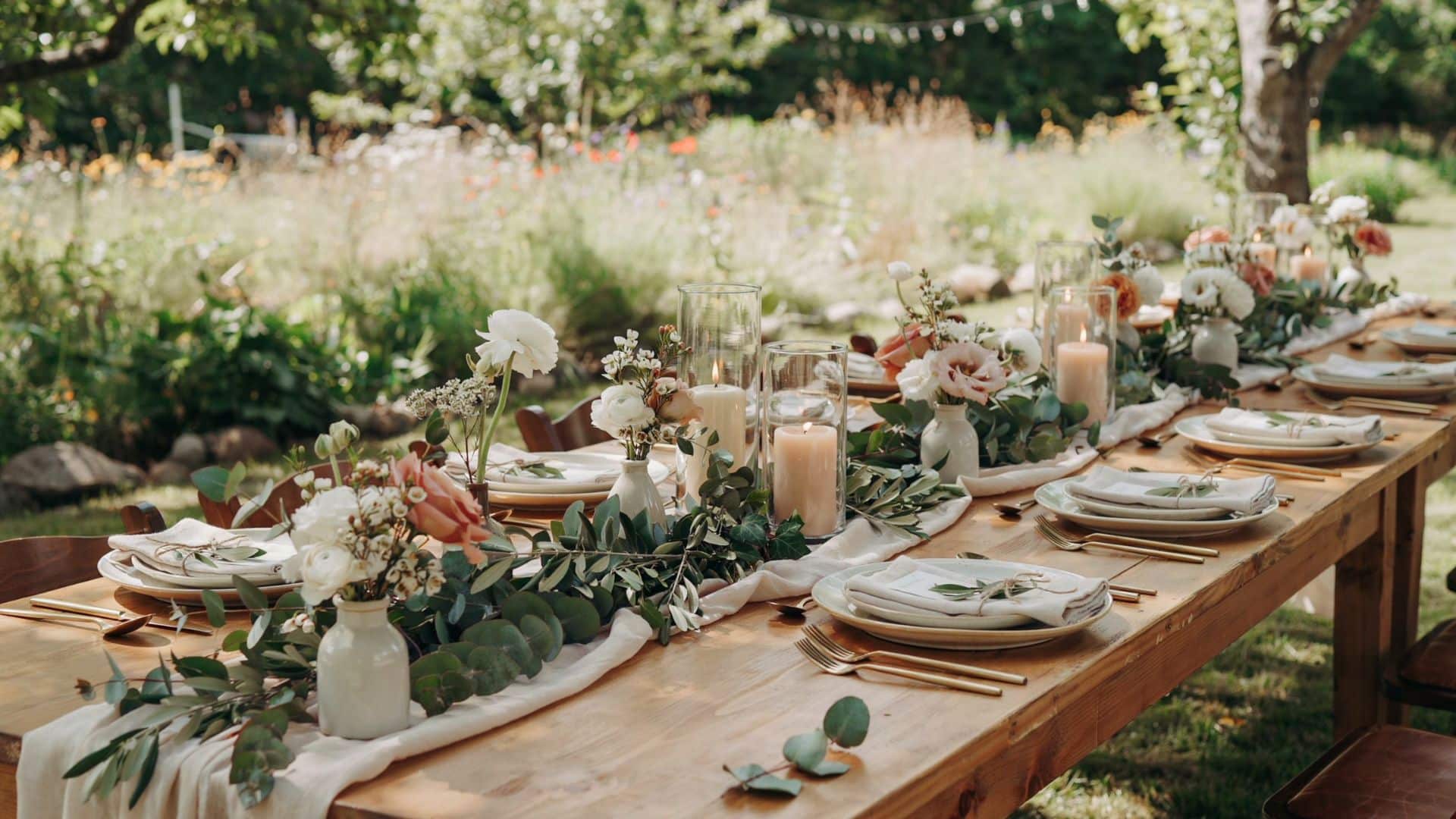 Rustic outdoor wedding table with eucalyptus greenery, white flowers, candles, and elegant place settings on a wooden table