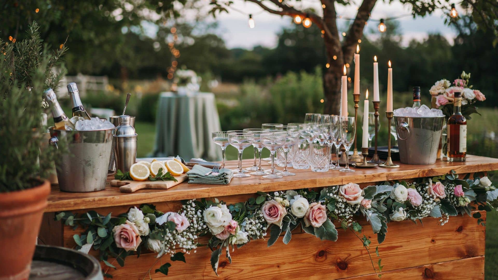 Rustic wedding bar setup with champagne buckets, glassware, candles, and floral garland on a wooden counter