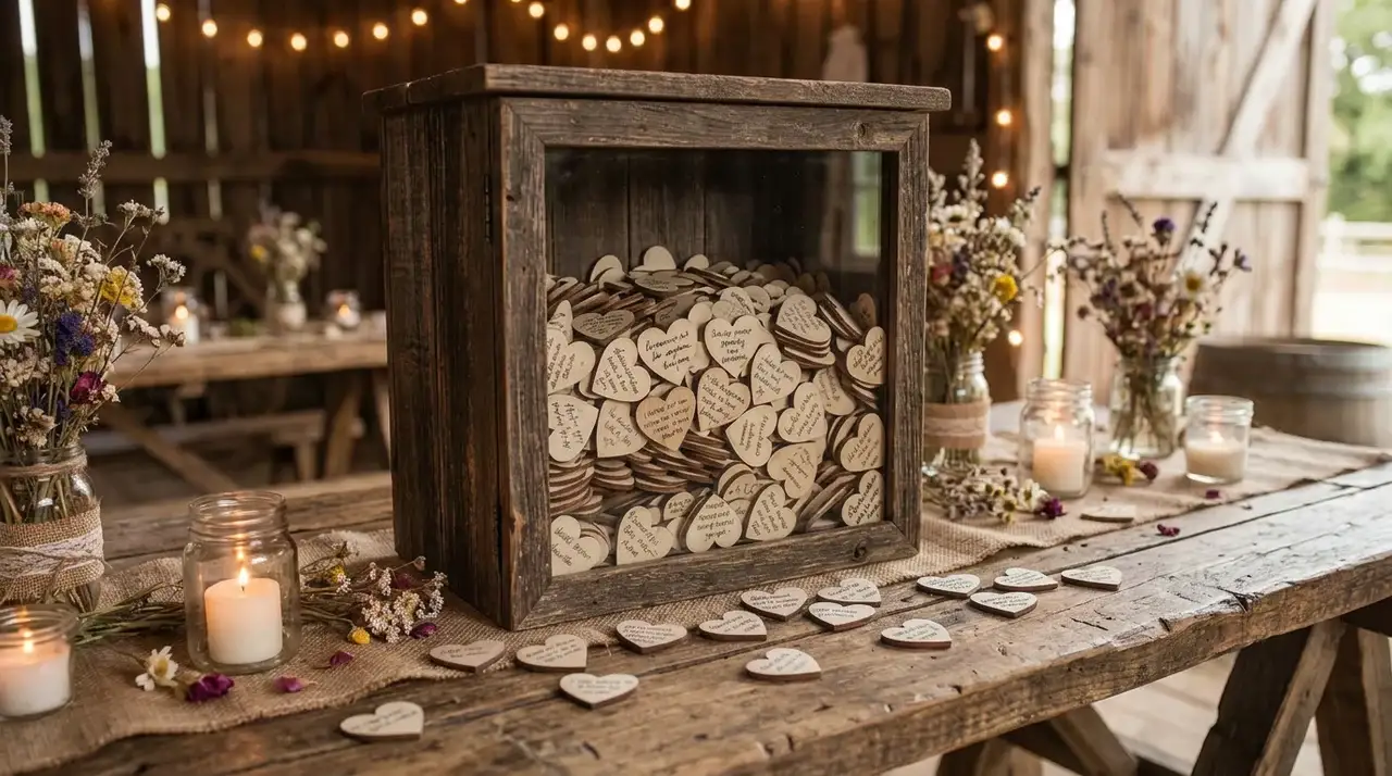 Rustic wedding guest book box filled with signed wooden hearts as guest keepsakes
