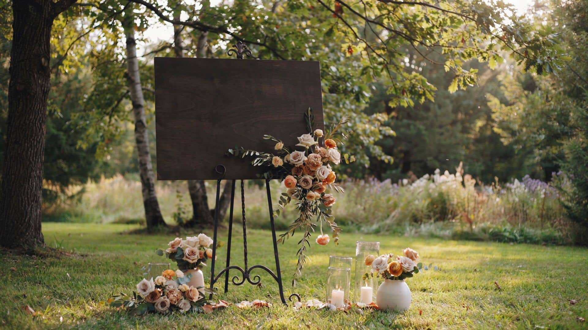 Rustic wedding welcome board decorated with peach roses, greenery, candles, and floral arrangements on a lawn