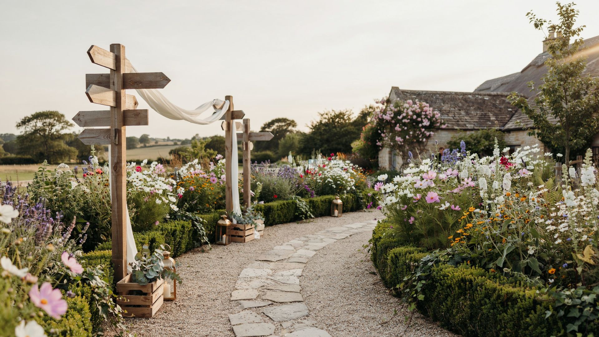 Rustic wooden direction signs and flowing fabric mark a flower-lined gravel path at an outdoor countryside wedding