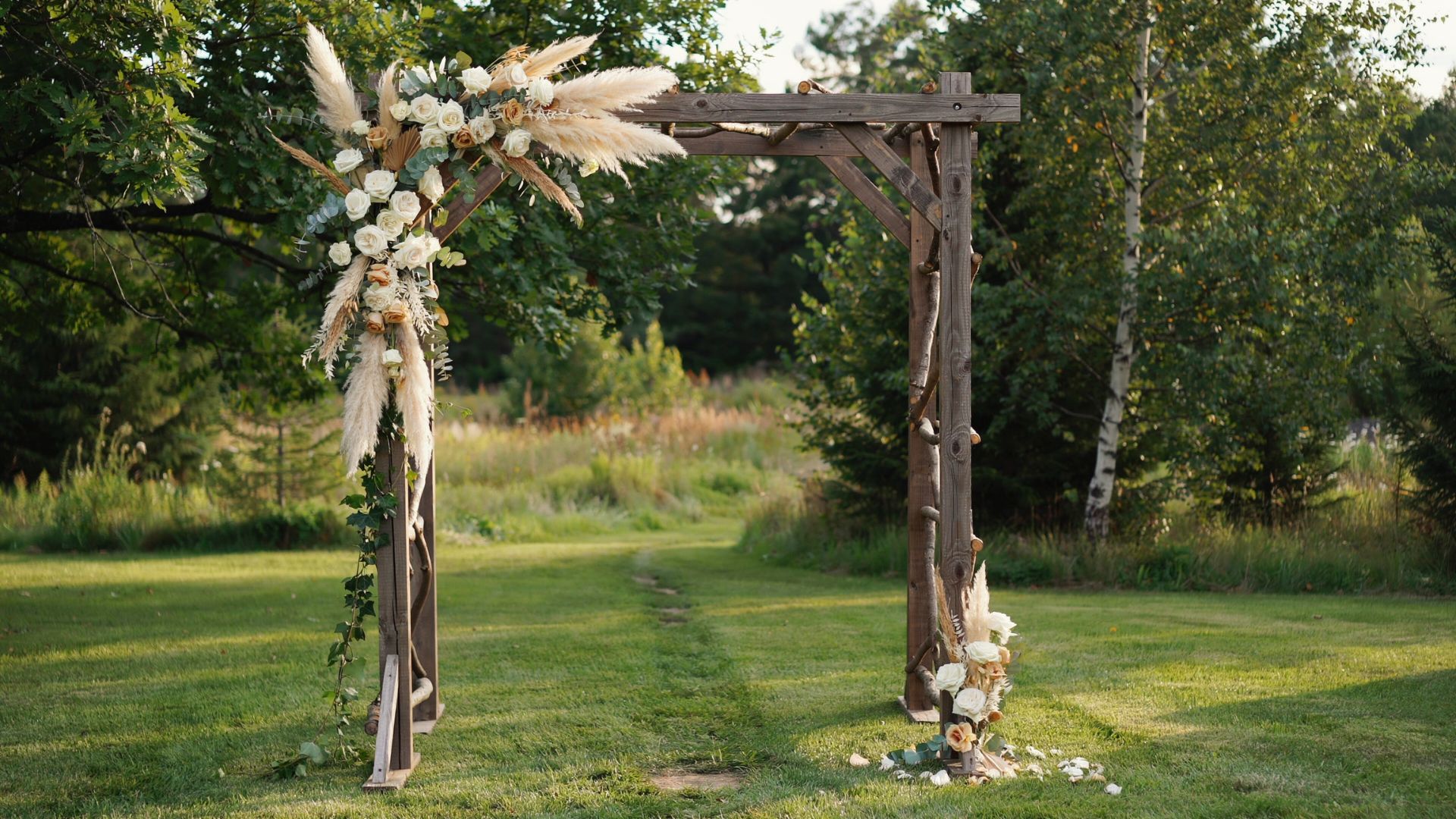 Rustic wooden wedding arch decorated with white roses, pampas grass, and greenery stands on a sunlit lawn