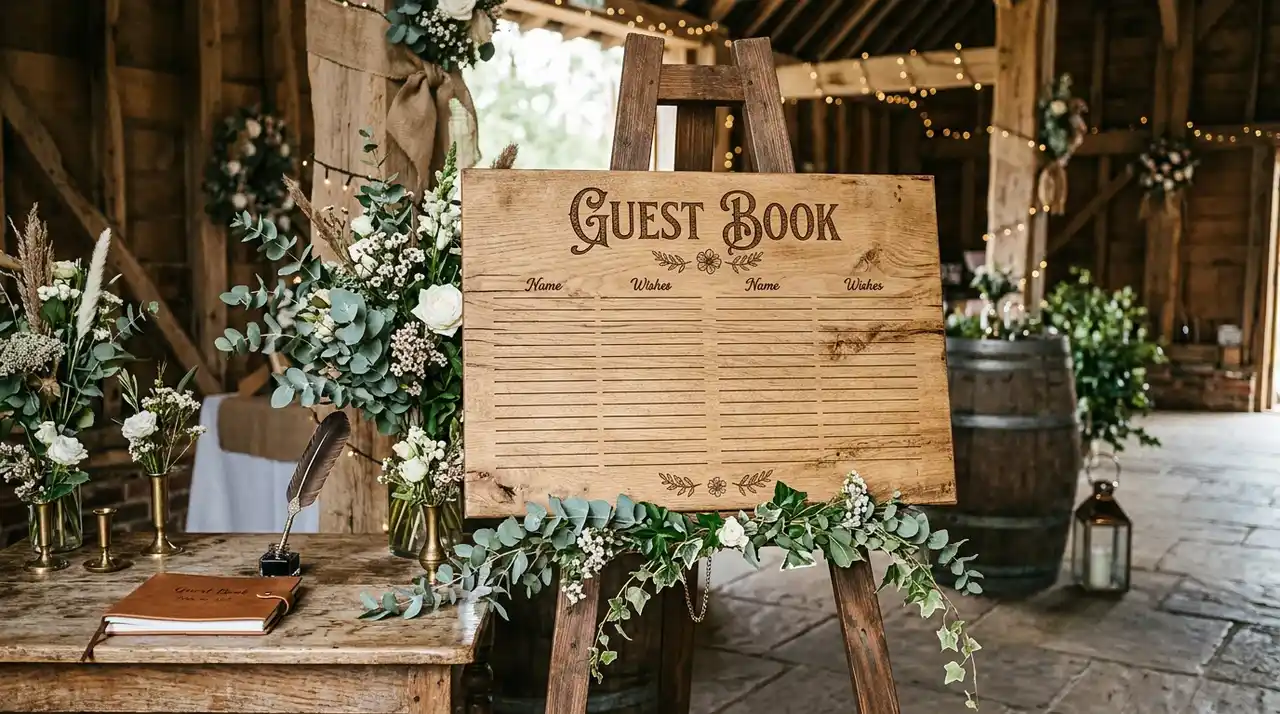 Rustic wooden wedding guest book sign displayed on an easel with space for guest signatures