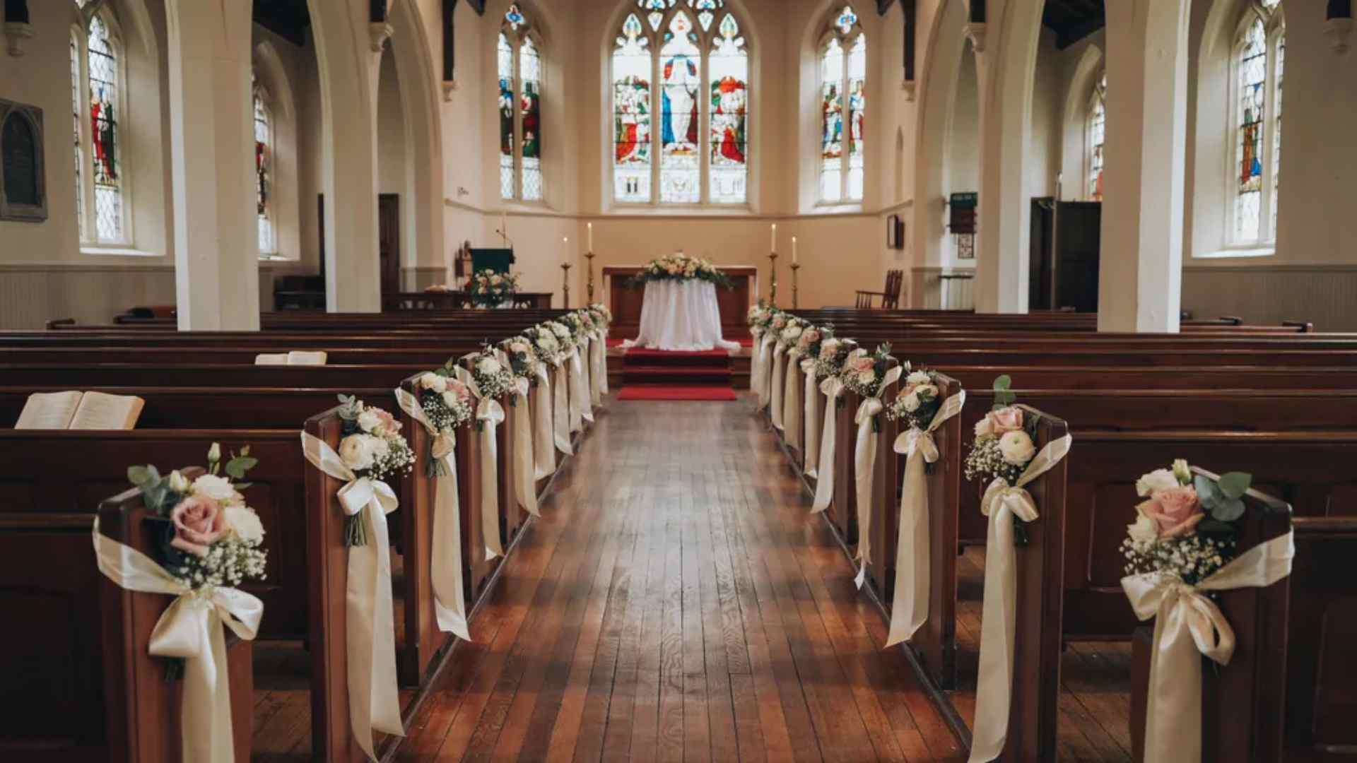 Satin ribbon bows decorating church wedding pews