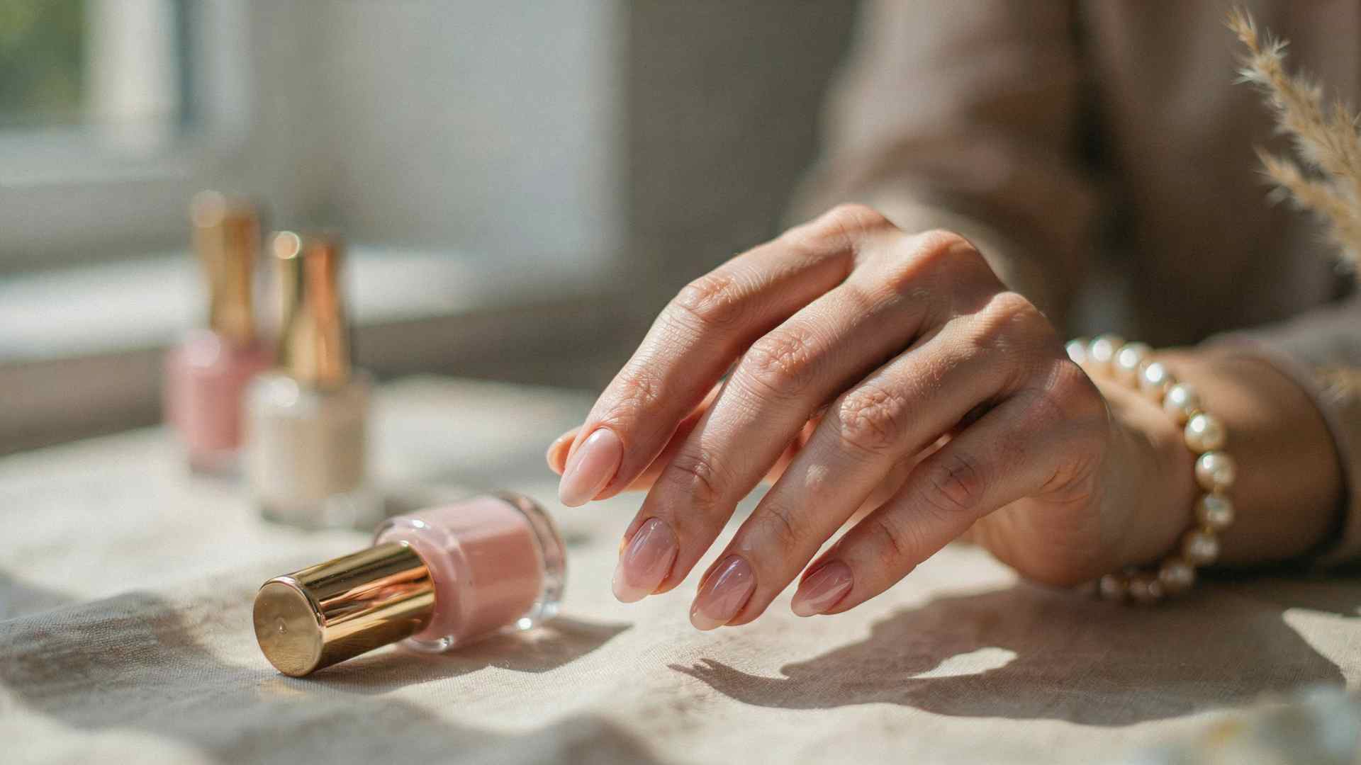 Sheer pink shellac nail polish manicure showing a lightweight natural glossy finish