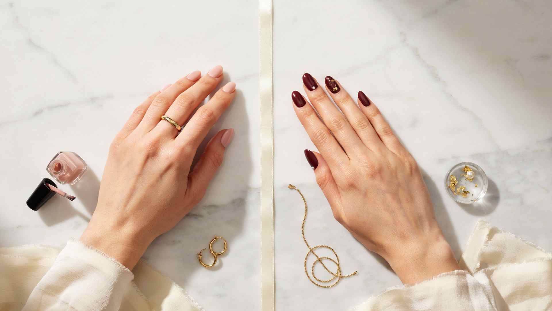 Shellac versus gel nails showing natural minimalist style and bold glossy manicure designs