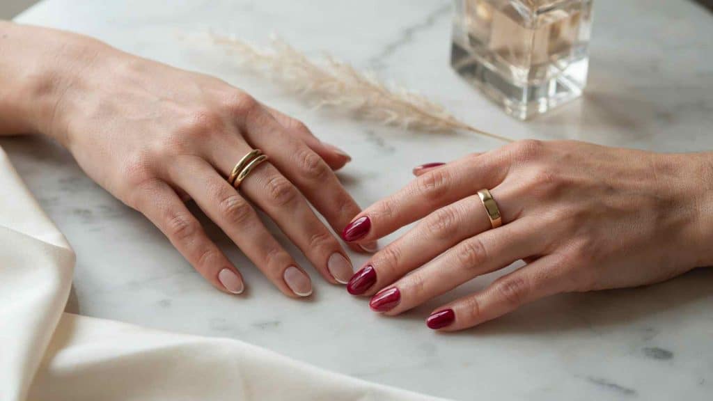 Shellac and gel nails compared with luxury glossy manicures in an editorial beauty setting