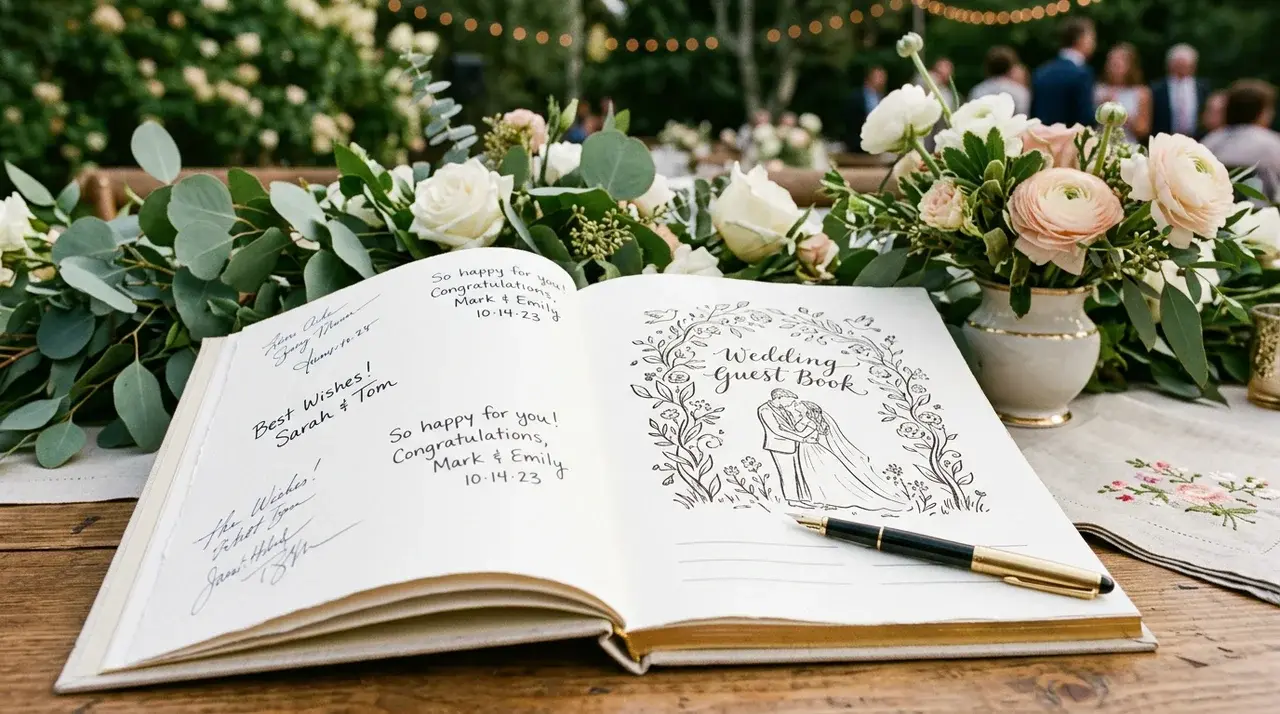 Signed illustration wedding guest book featuring custom artwork, handwritten notes, and decorative stationery