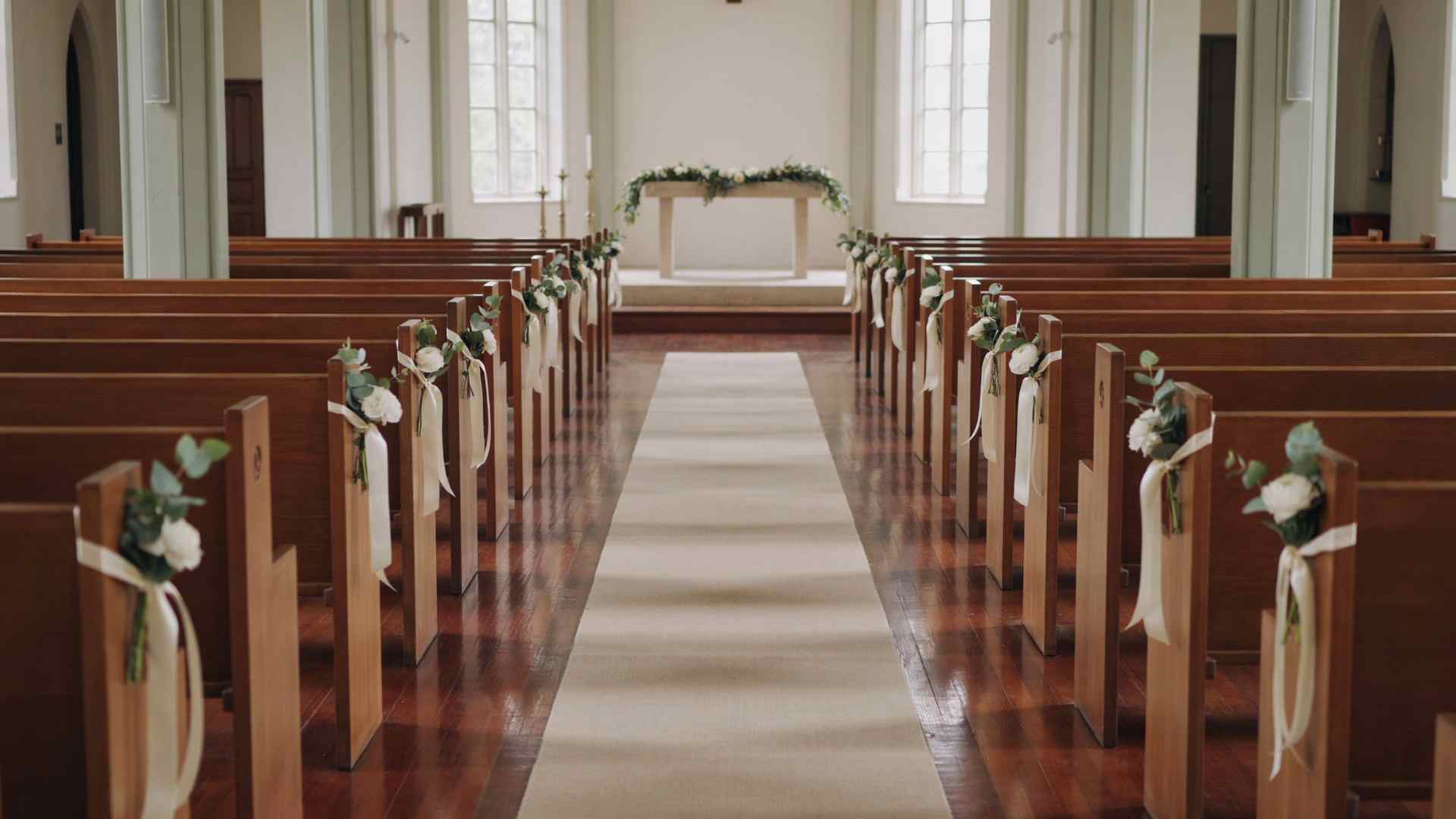 Simple cream fabric aisle runner in a decorated church