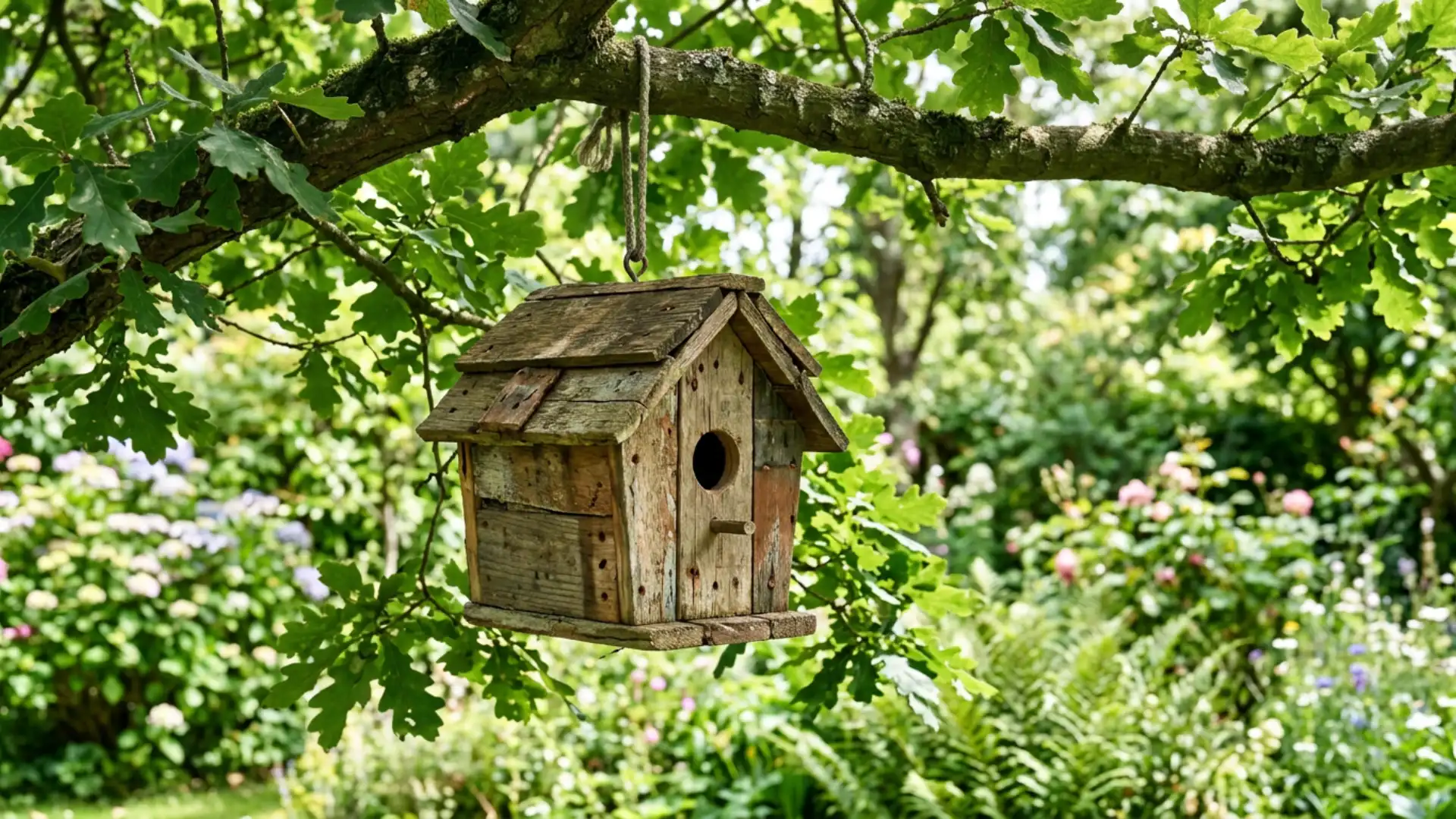 Small handmade birdhouse suspended from a tree with leafy branches and colorful garden plants in the background