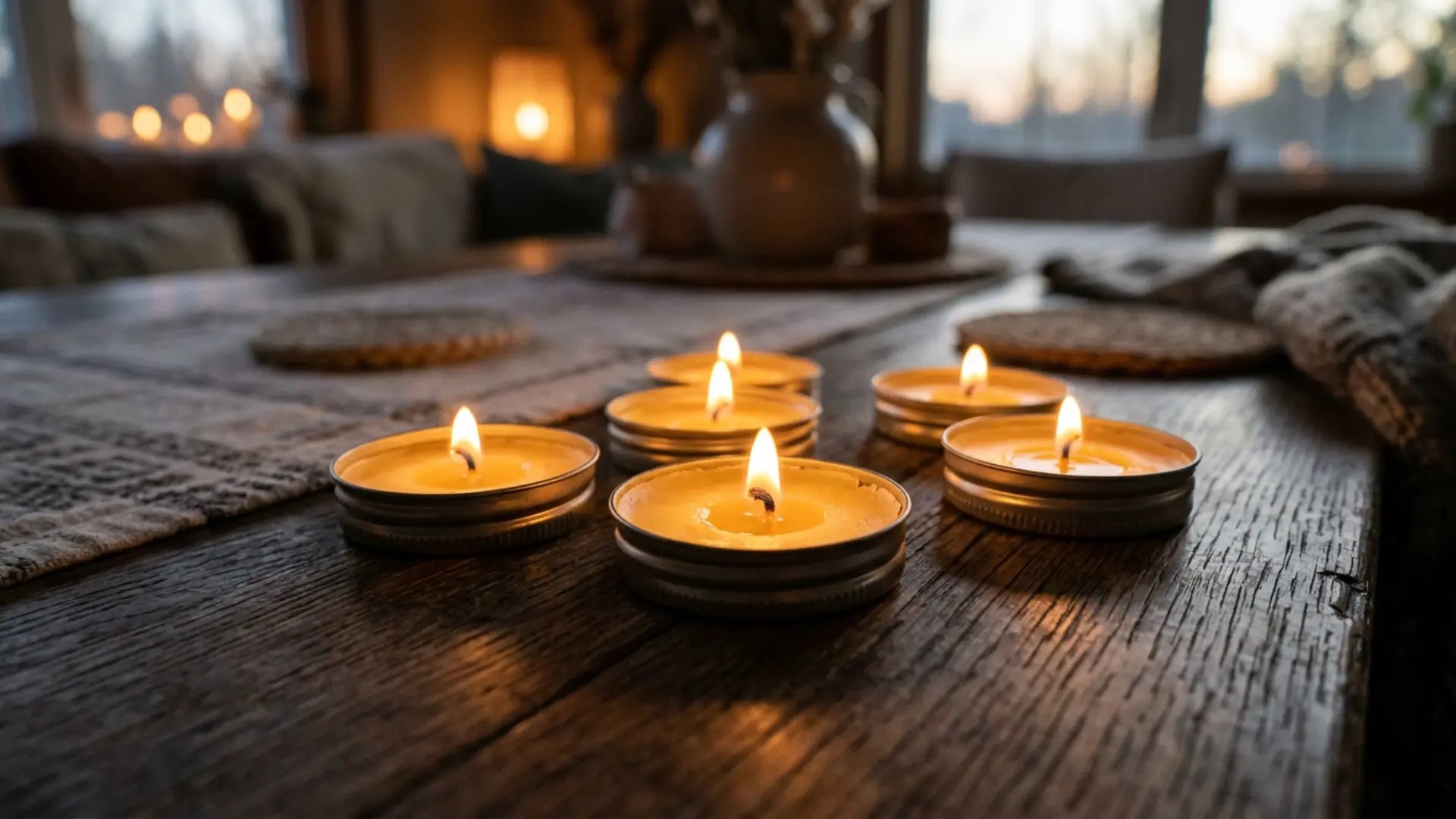 Small tin candles glowing on a wooden table creating a warm cozy atmosphere with handmade recycled decor style