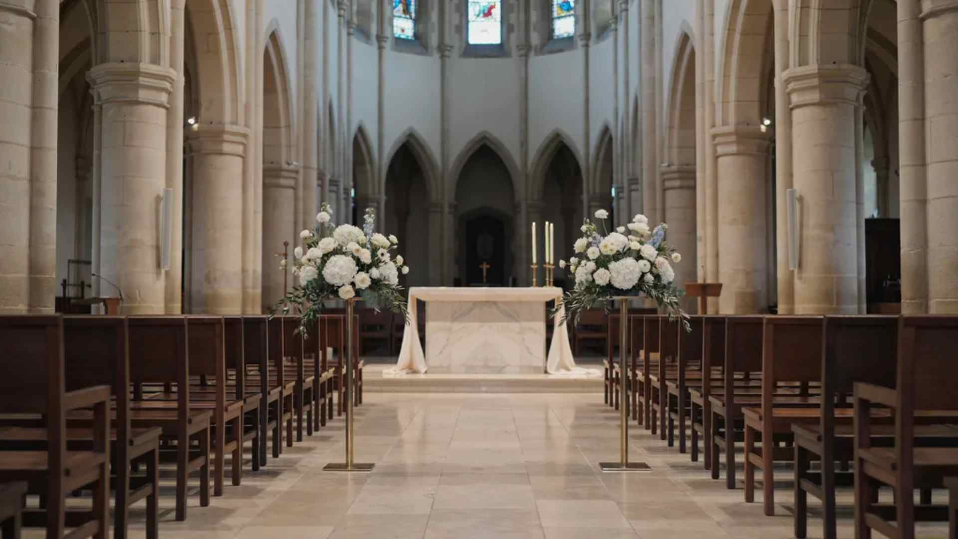 Tall floral arrangements on pedestal stands at a church altar