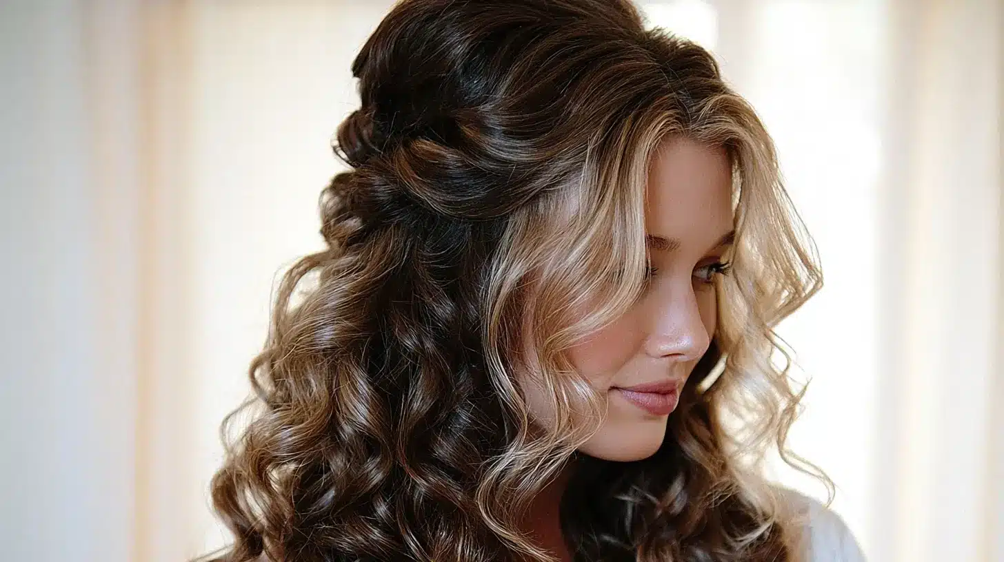 Three quarter view of a bride with a half up curled style and loose tendrils framing the face in soft daylight