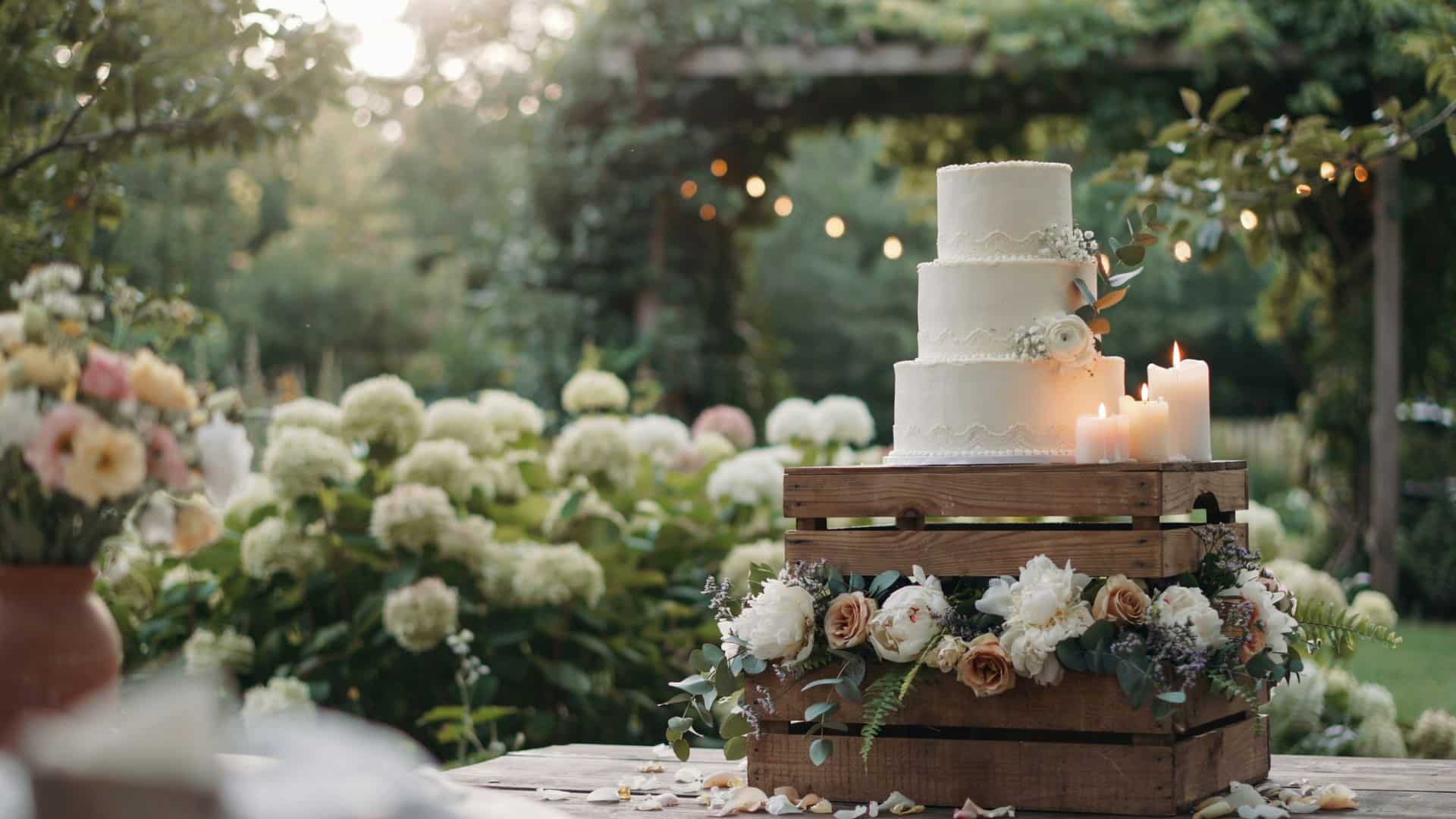 Three-tier white wedding cake with lace details, flowers, candles, and rustic wooden crates in a hydrangea garden