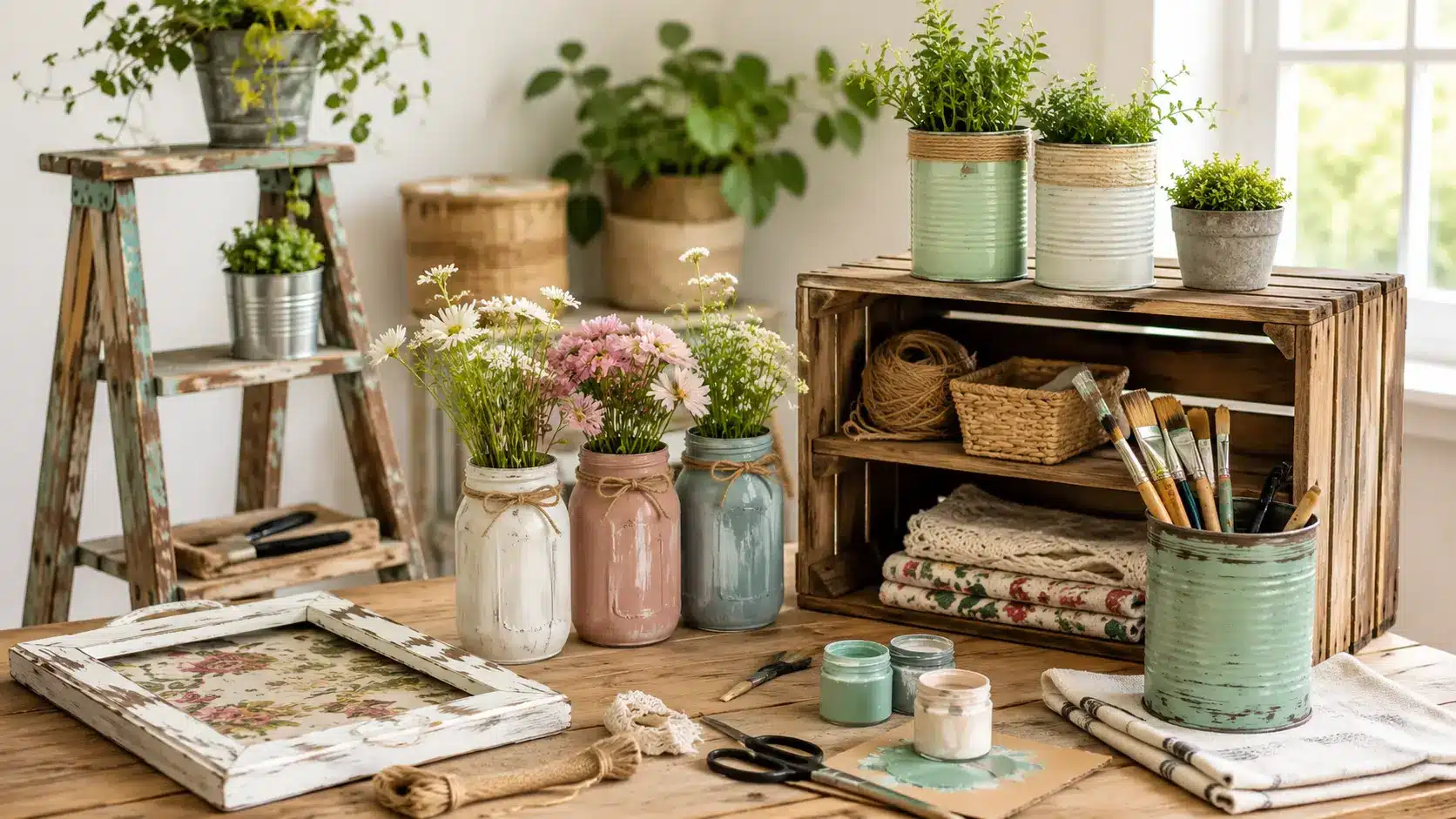 Cozy DIY workspace with recycled jars wooden crates and painted cans transformed into creative home decor projects