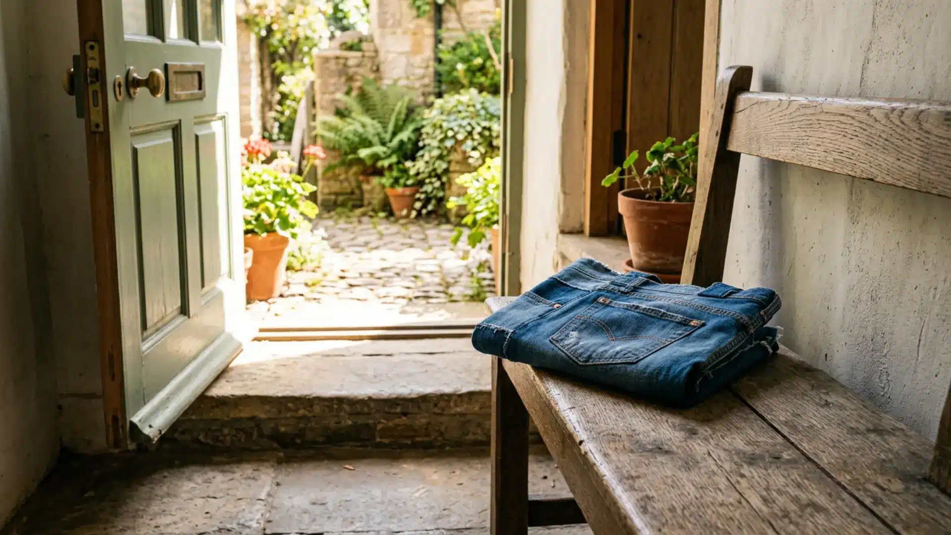 Vintage denim pants displayed on a wooden seat near greenery representing an eco friendly upcycling project