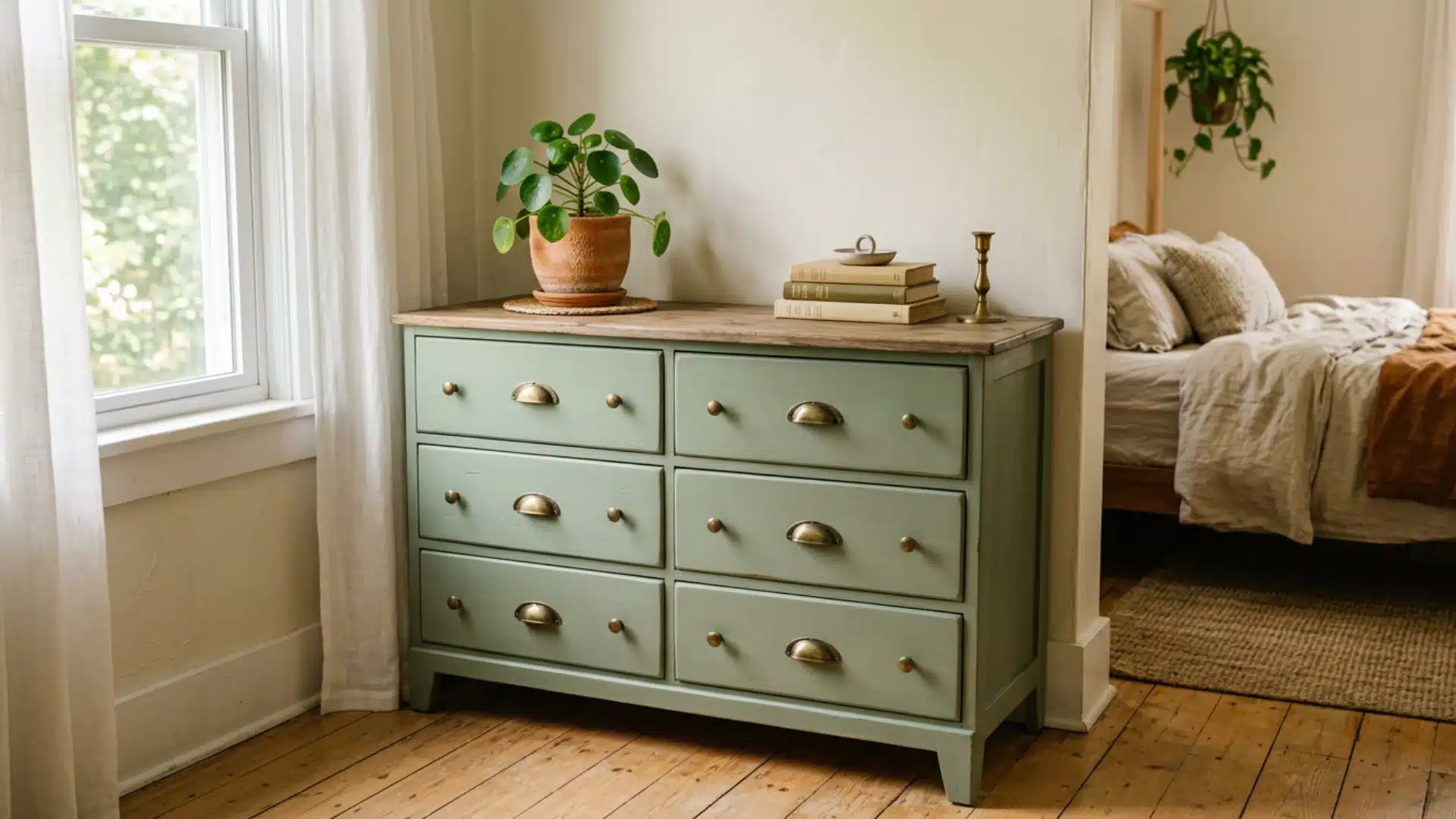 Vintage green dresser with drawers and brass handles styled with plants books and decor in a cozy bedroom space