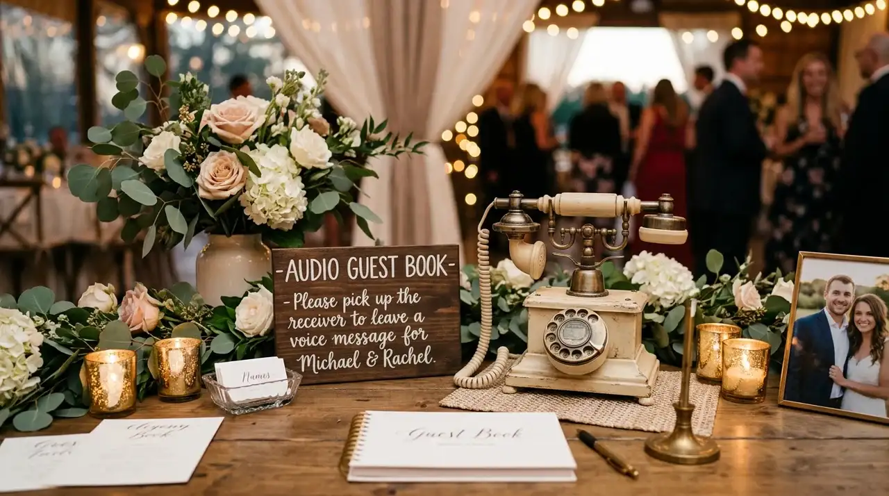 Vintage phone audio guest book setup for wedding guests to leave voice messages and memories