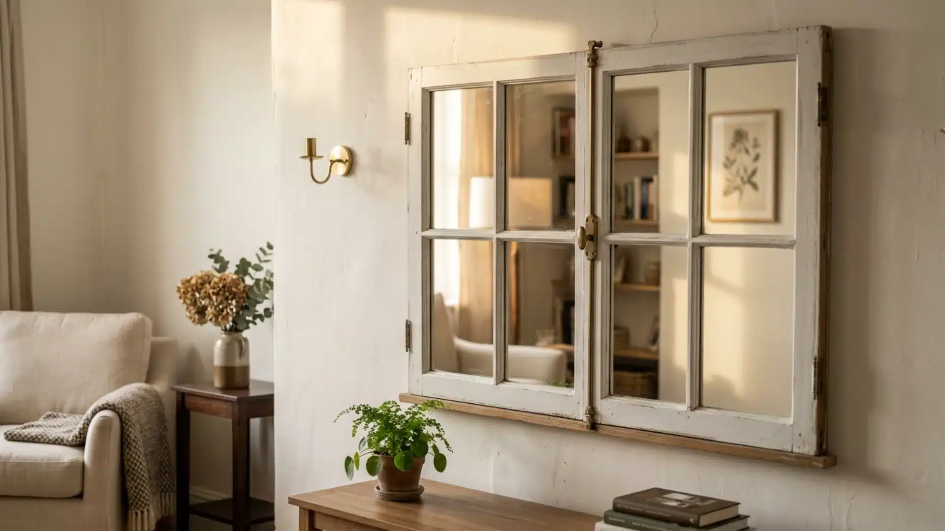 Vintage window frame repurposed as wall decor in a cozy room with plants wooden furniture and warm interior styling