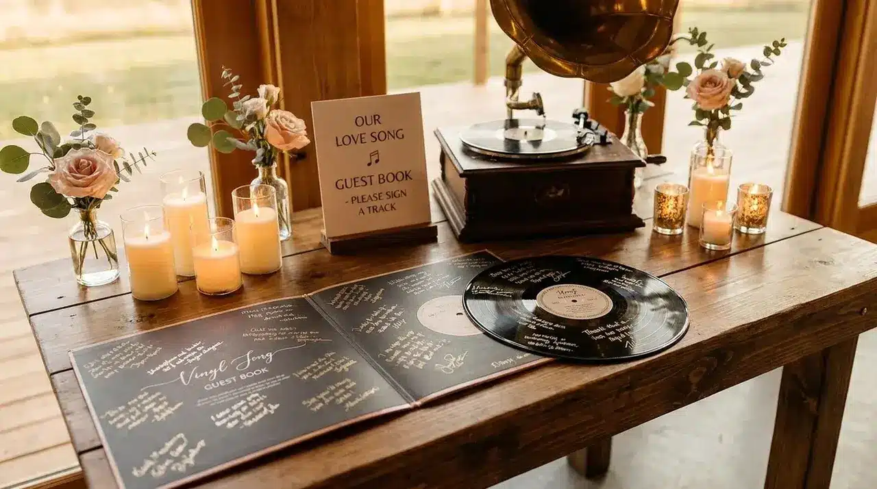 Vinyl record guest book with handwritten messages displayed as a unique wedding memory keepsake