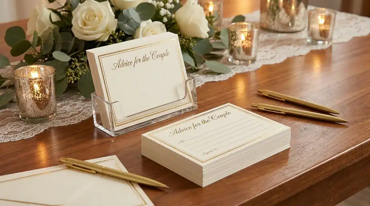 Wedding advice cards arranged on a table for guests to share marriage messages and wishes