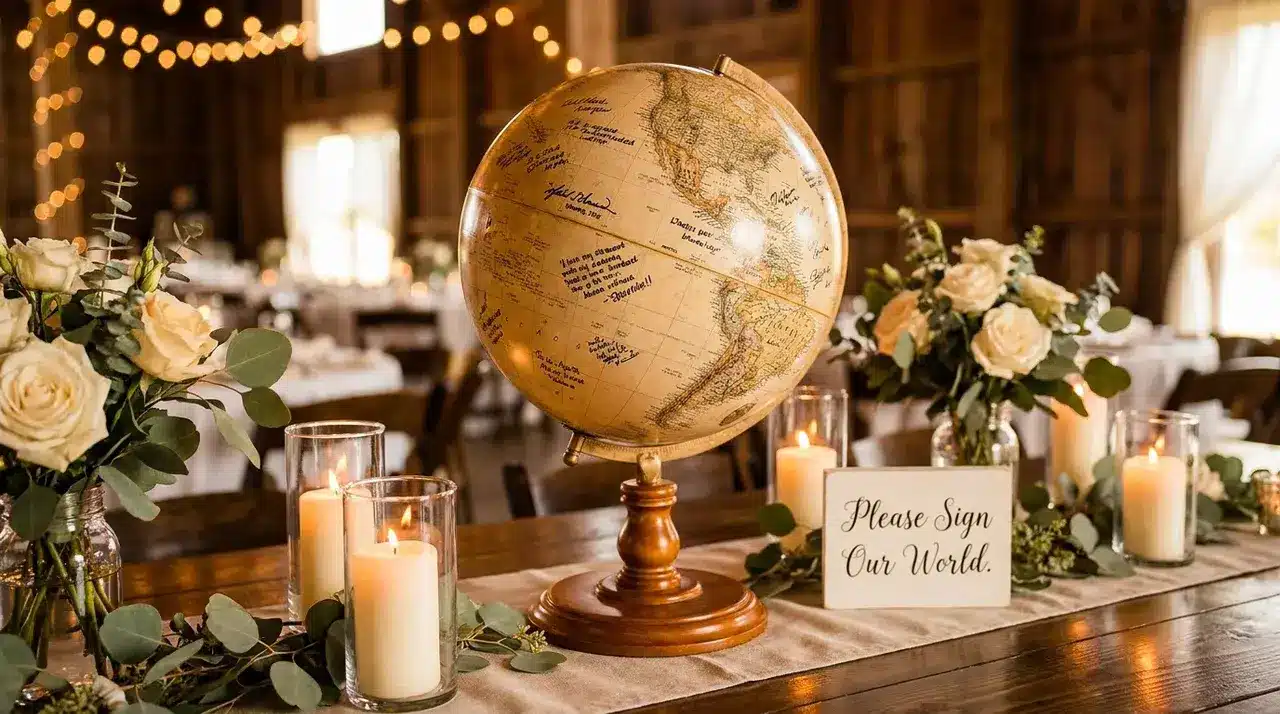 Wedding guest book globe covered with signatures displayed as a decorative keepsake for the couple’s home