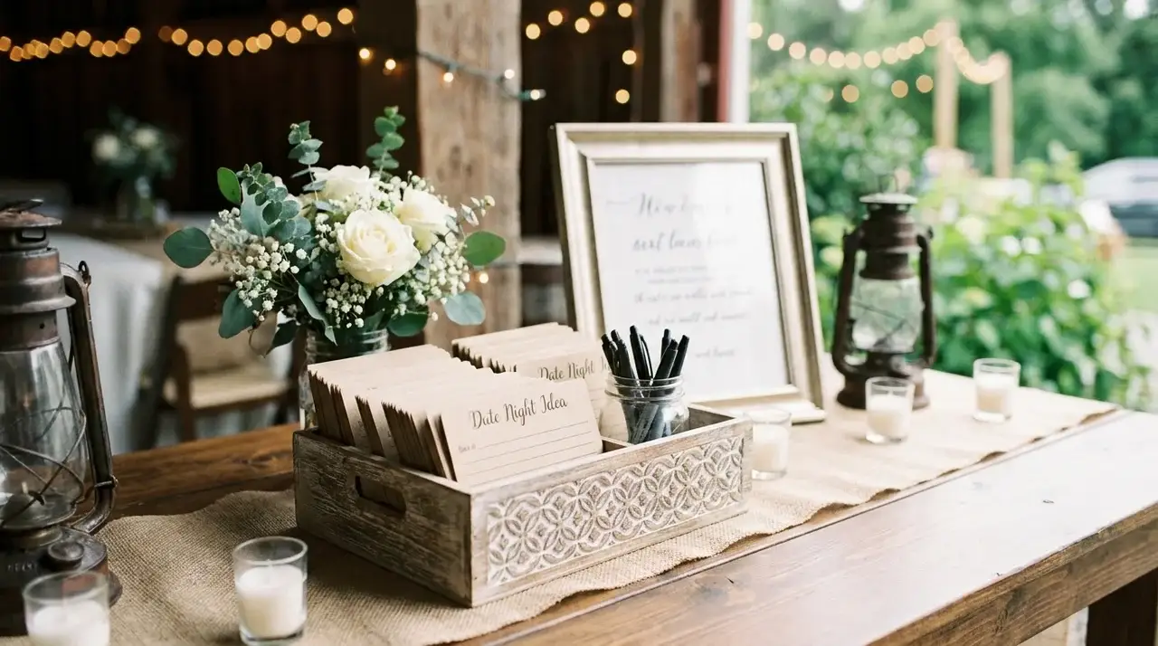 Wedding guest book idea featuring date night suggestion cards in a decorative box