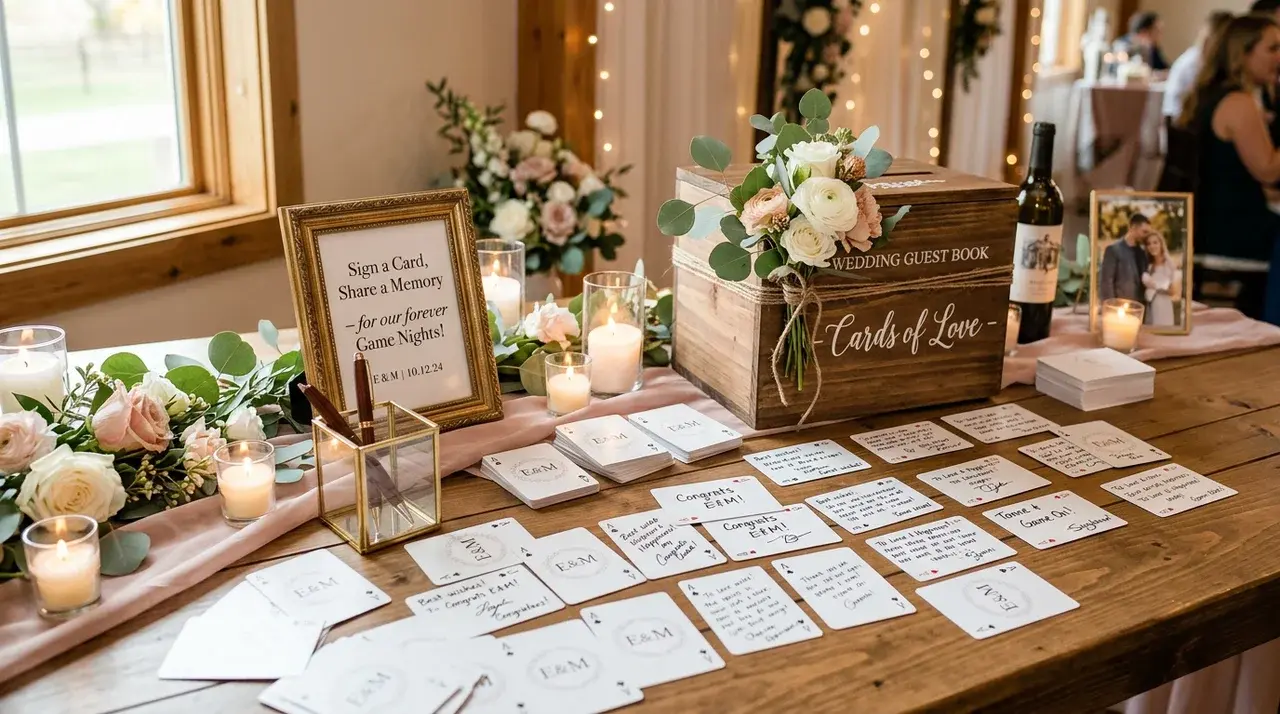 Wedding guest book idea featuring signed playing cards arranged with a pen and elegant reception décor