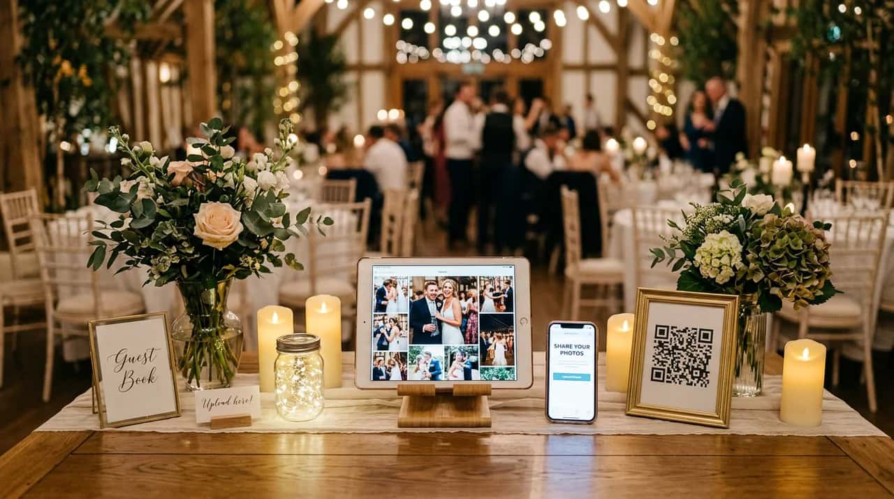 Wedding guest book station with tablet and smartphone for guests to upload photos and memories