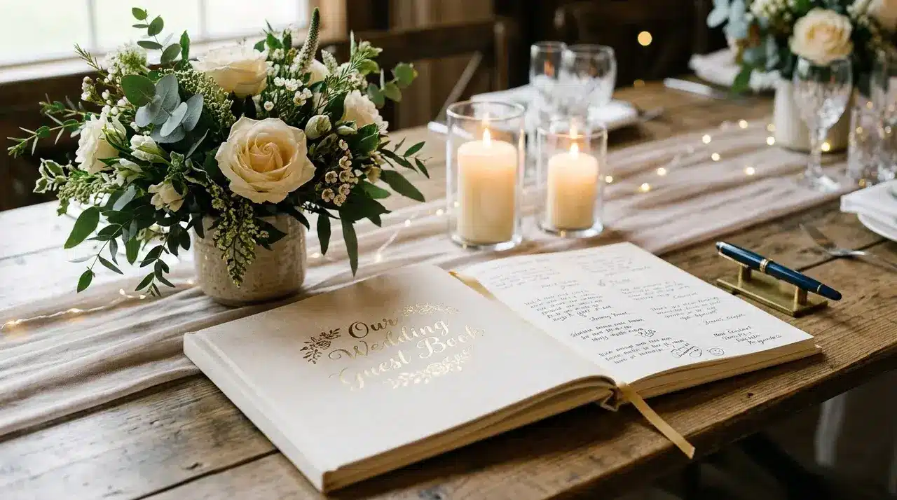 Wedding guest book with handwritten notes displayed on an elegant reception table with flowers and stationery