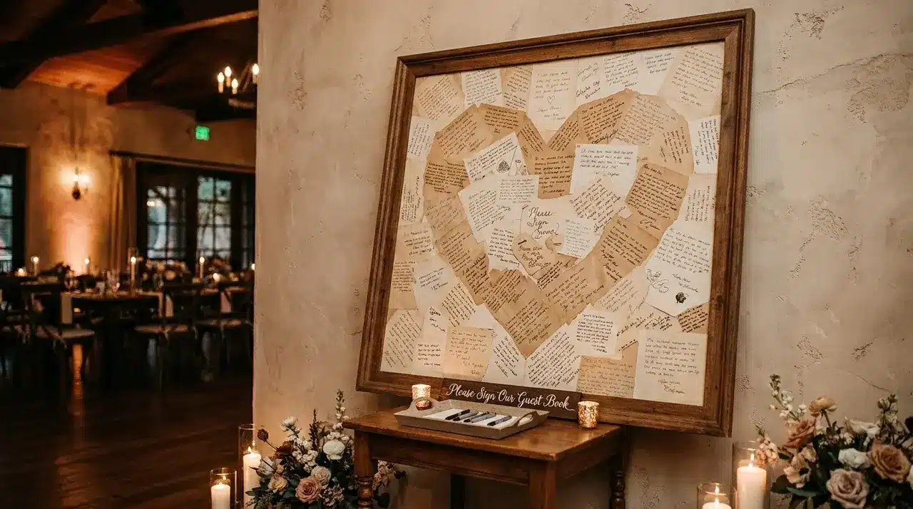 Wedding guest messages turned into framed wall art displayed as a meaningful home decoration piece