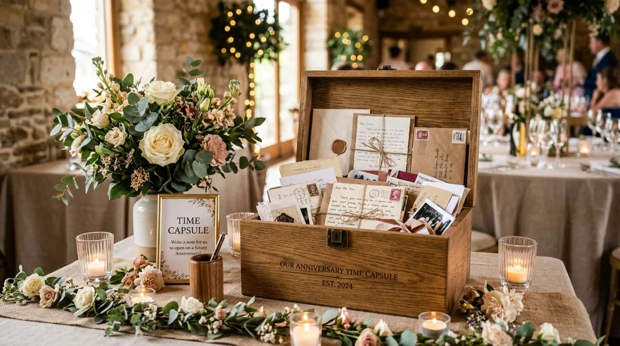 Wedding time capsule box filled with guest notes and keepsakes for a future anniversary memory