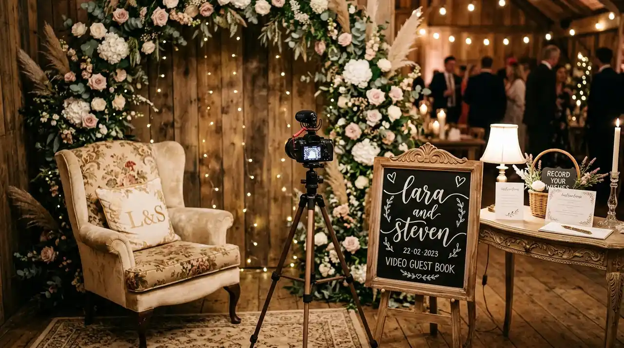 Wedding video message guest book station with camera setup for recording guest memories