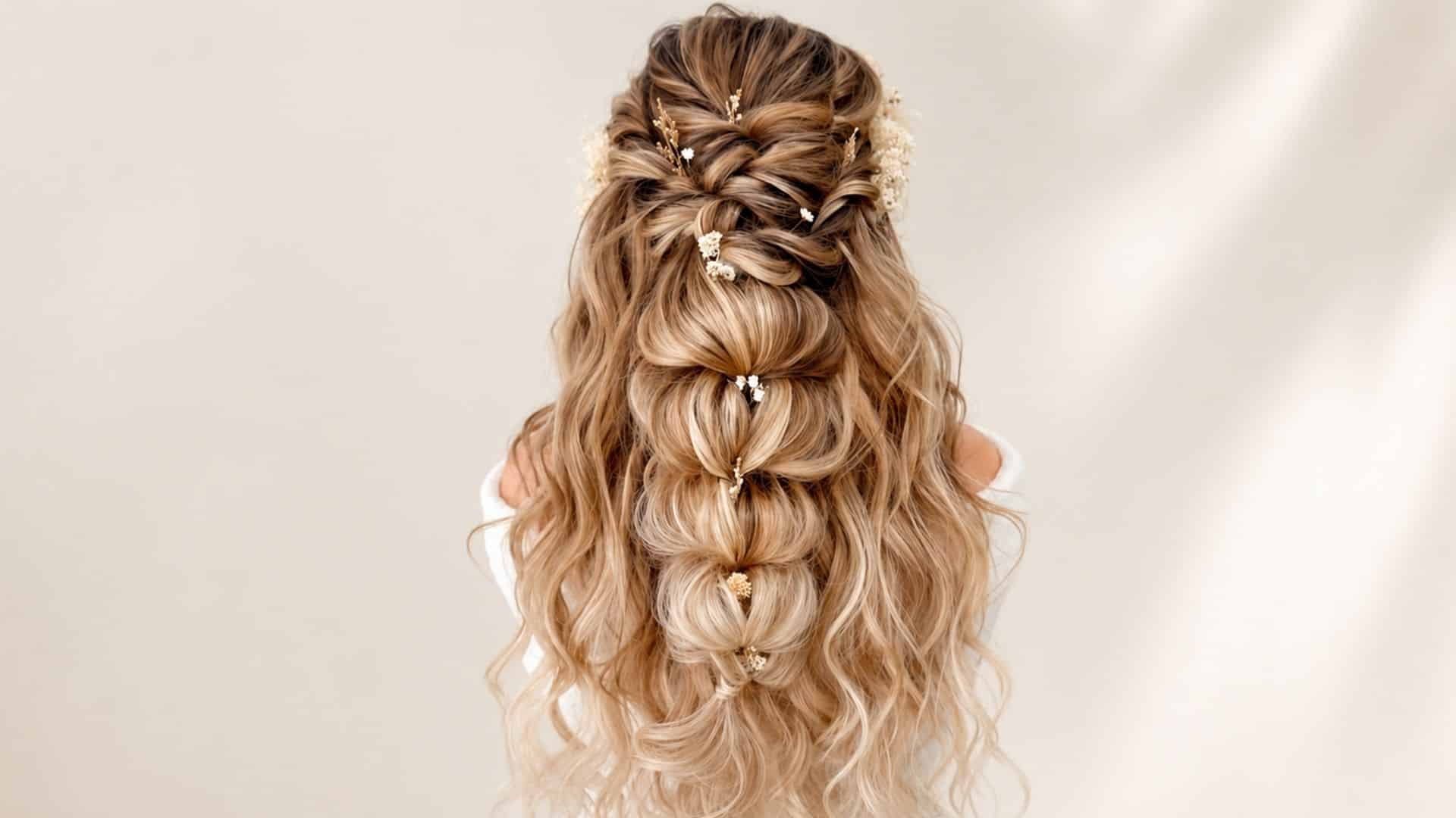 Whimsical crown half up wedding hair with soft blonde waves, woven braids, and delicate floral accents on a simple background