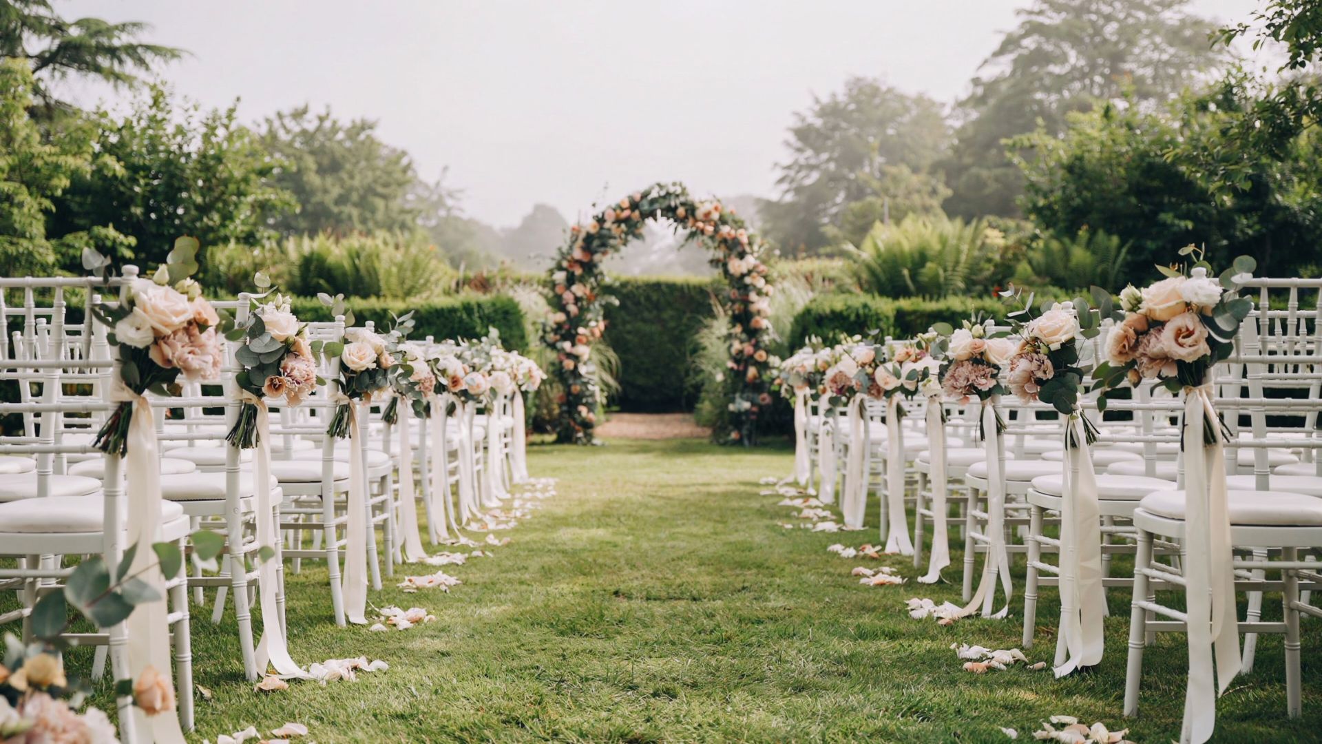 White ceremony chairs with blush floral bouquets and ribbons frame a grassy aisle leading to a flower-covered arch