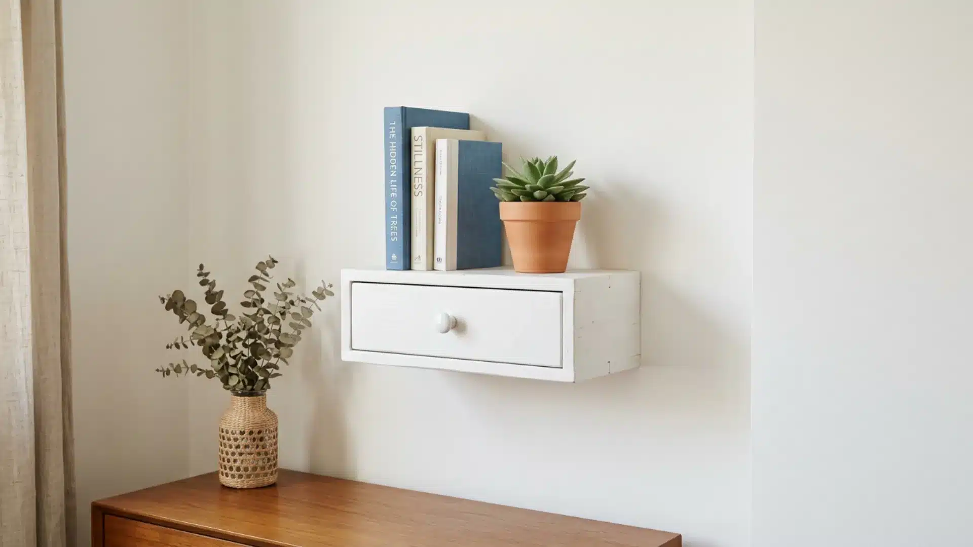 White floating shelf with drawer displaying books and a plant above a wooden cabinet in a minimalist room