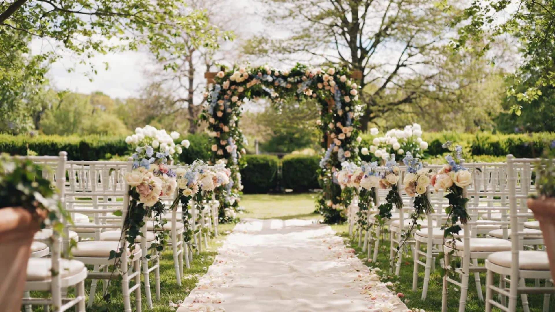 White wedding ceremony aisle with floral chair decorations leading to a flower-covered arch in a garden setting