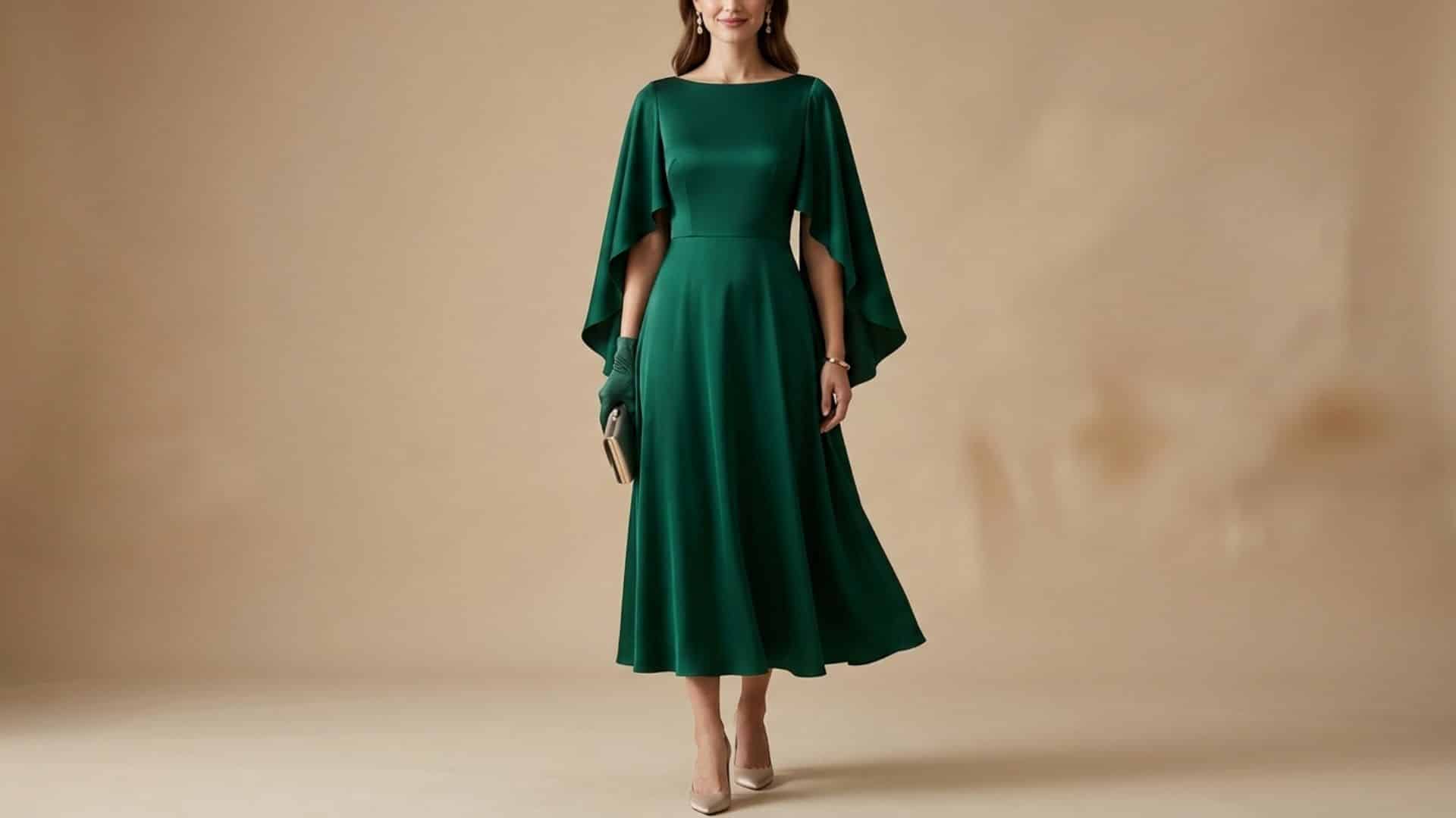 Woman wearing a cape sleeve boat neck cocktail midi dress with elegant flowing details for a wedding guest look