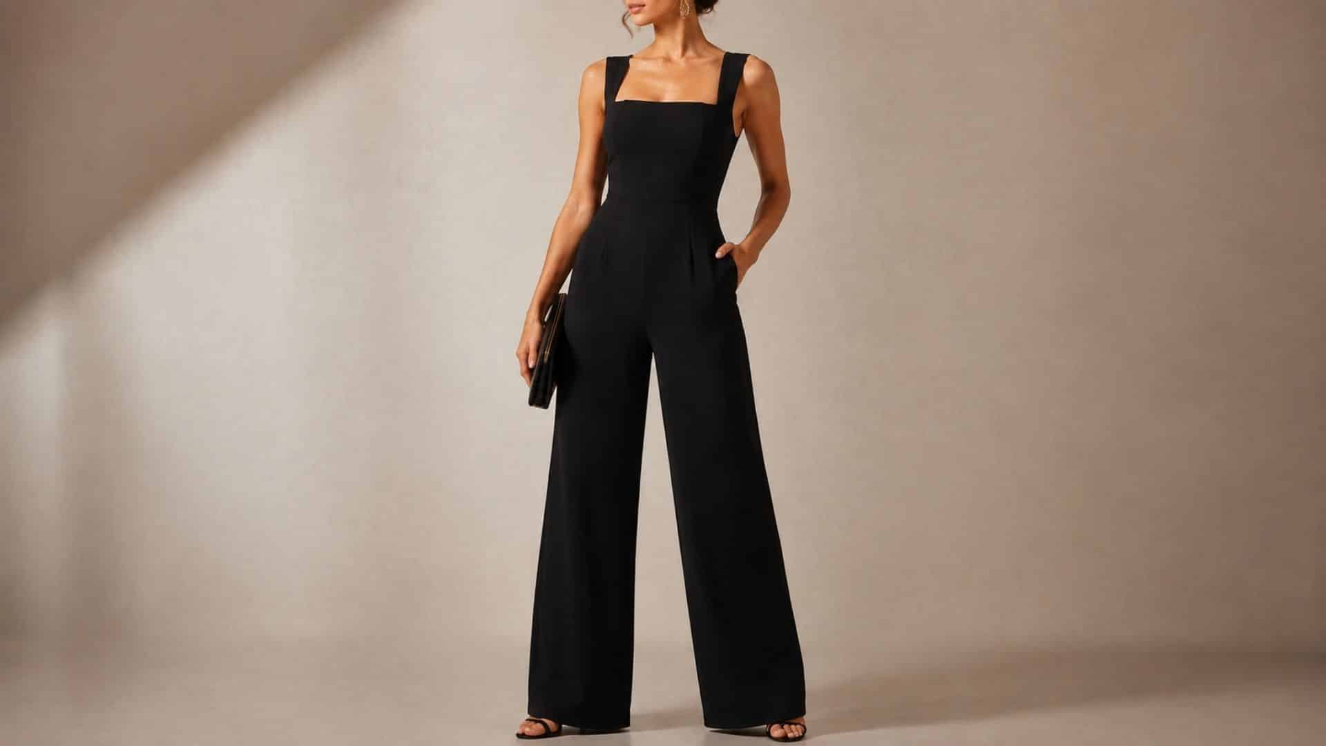 Woman wearing a sleek square neck black jumpsuit with wide leg design for a modern cocktail wedding outfit