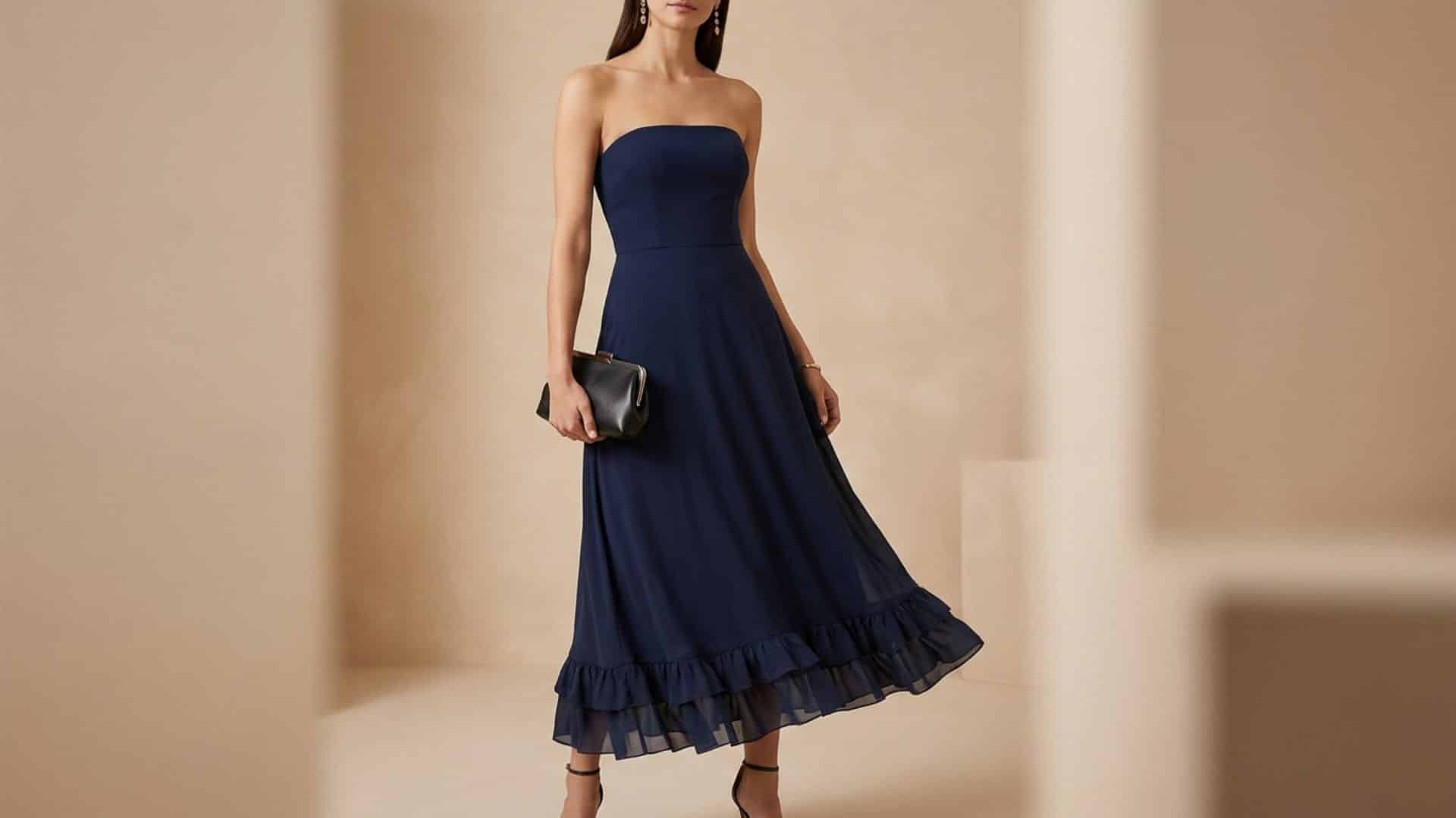 Woman wearing a strapless navy cocktail dress with subtle ruffle hem for an elegant evening wedding look