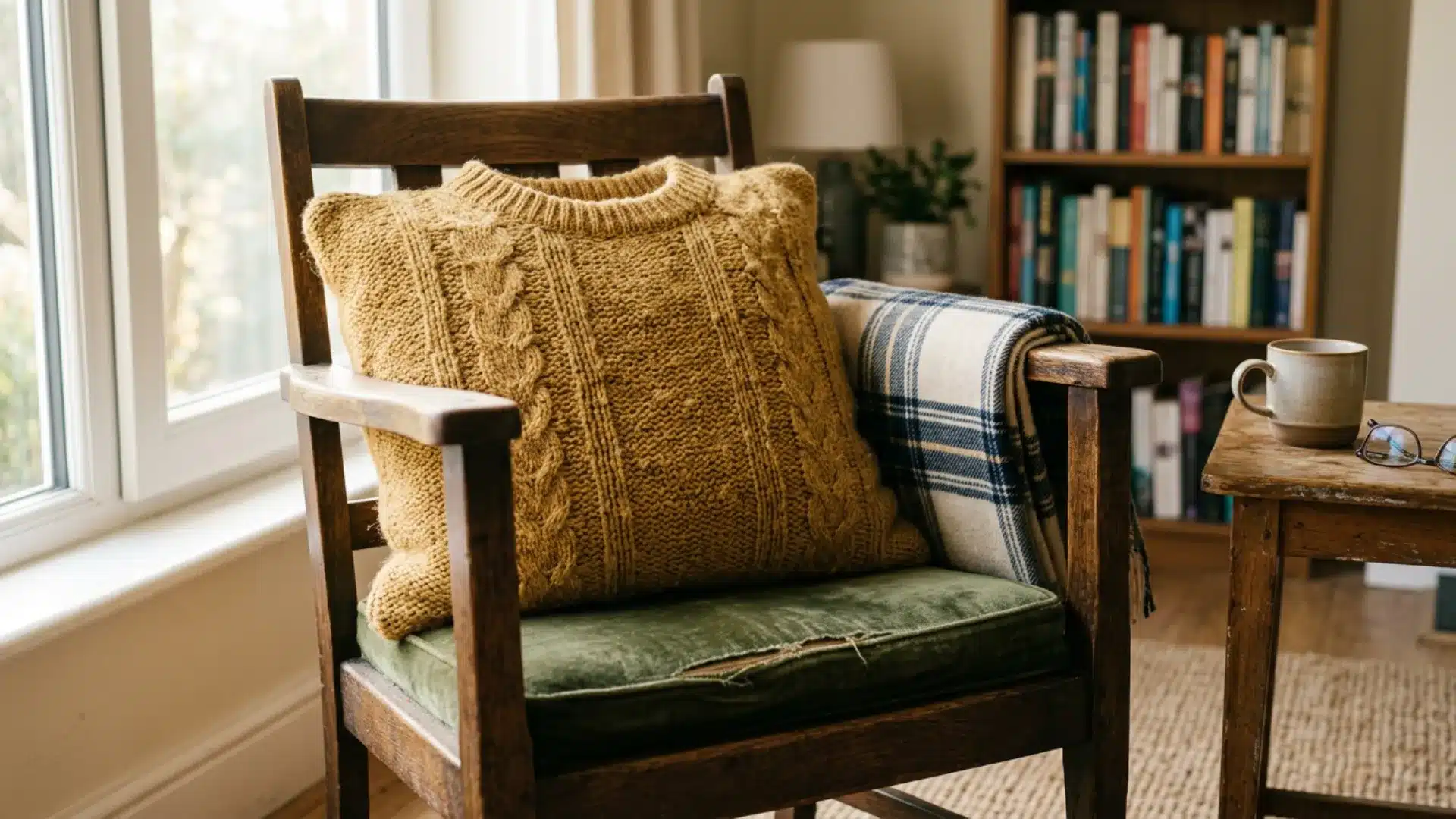 Wooden armchair with knitted cushion and folded blanket creating a cozy reading corner with warm home decor elements