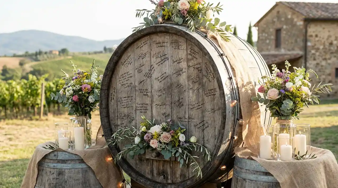 Wooden barrel guest book with guest signatures displayed at a rustic vineyard wedding