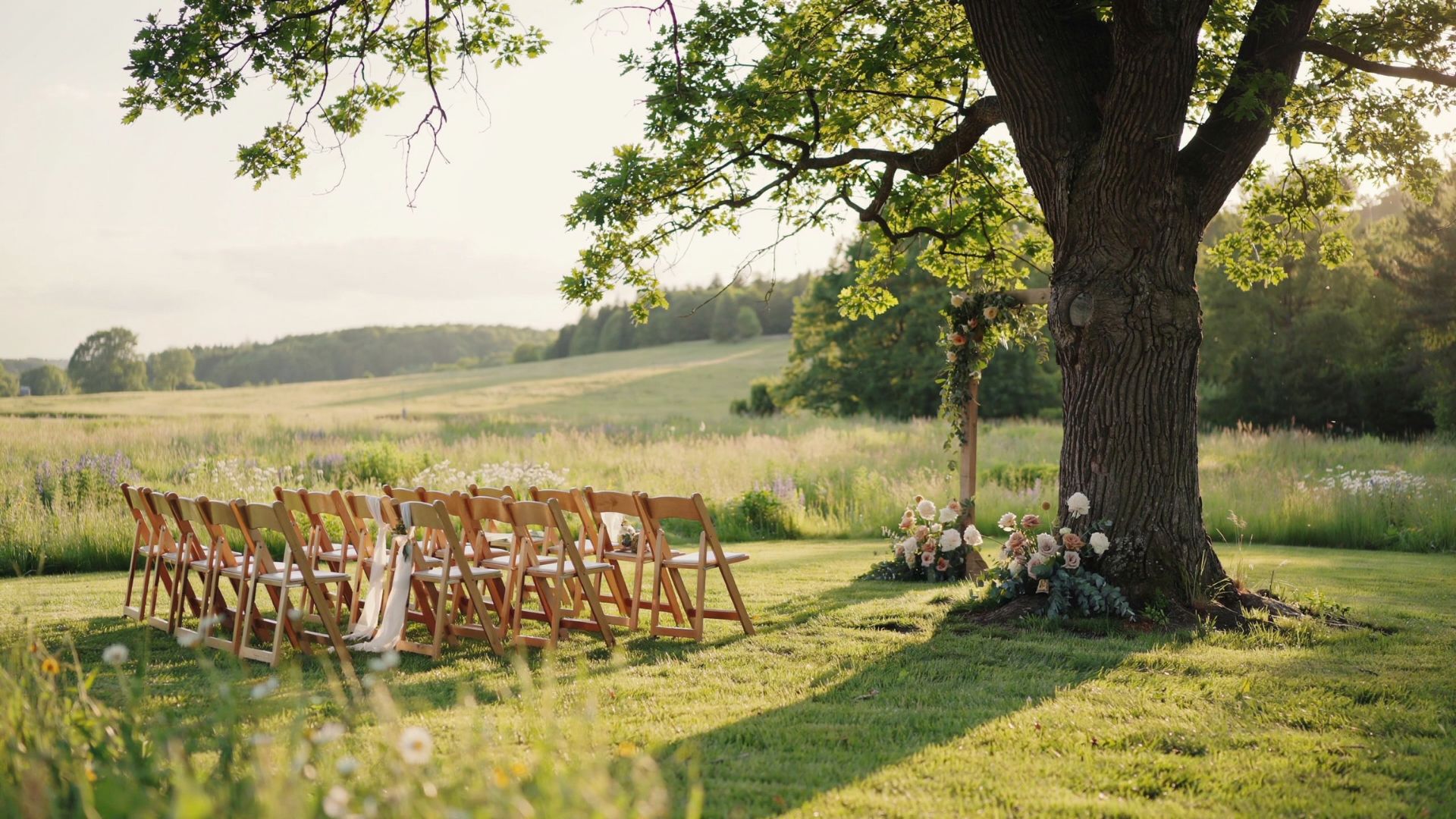 Wooden ceremony chairs face a floral arch beneath a large tree in a peaceful countryside meadow