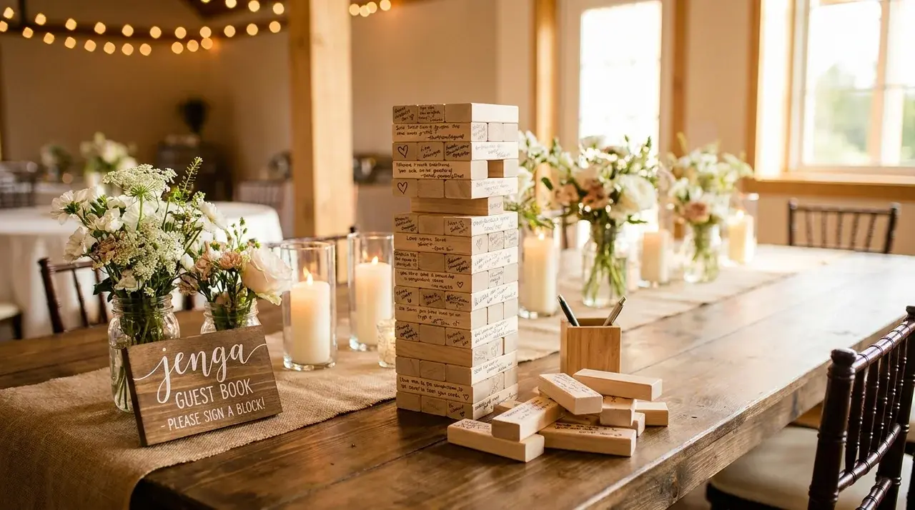 Wooden Jenga guest book with signed blocks displayed at a wedding reception as a fun keepsake idea