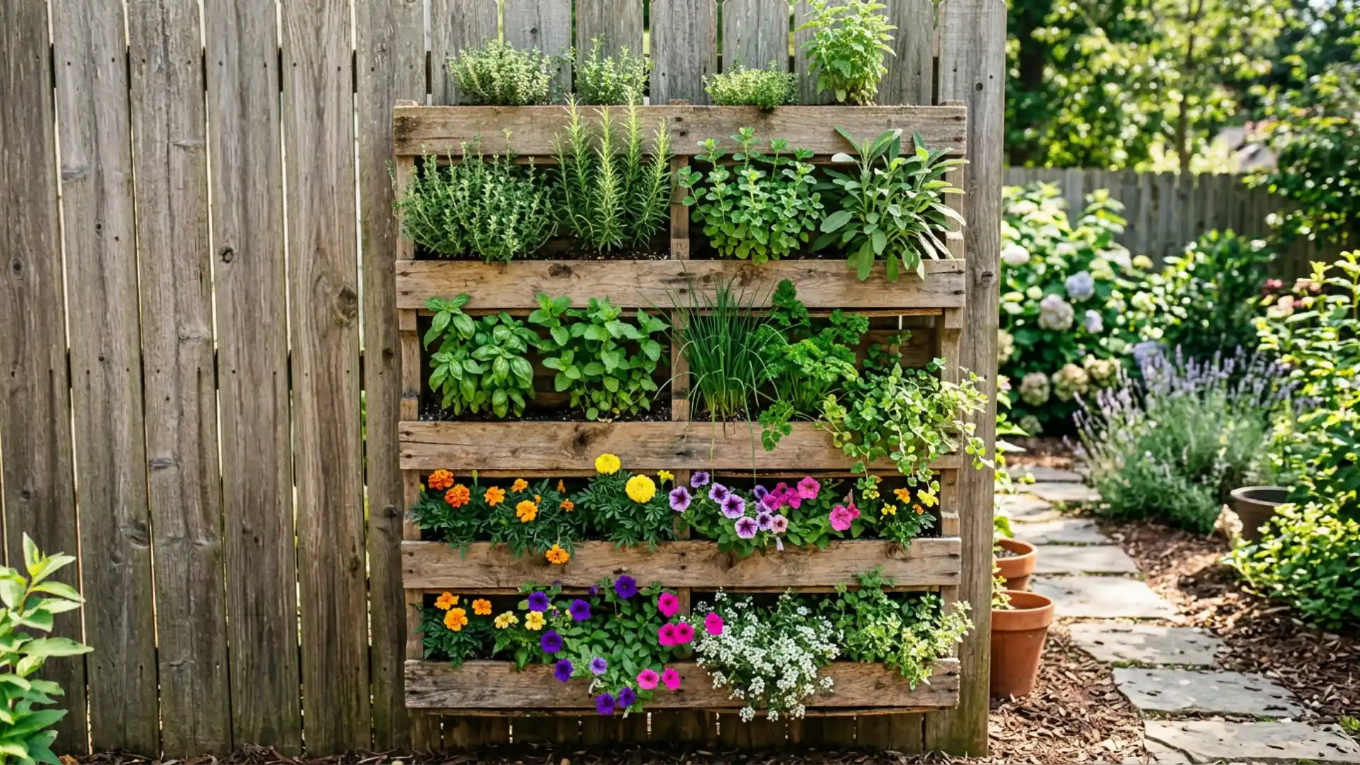 Wooden pallet garden planter filled with herbs and colorful flowers creating a vertical outdoor gardening display