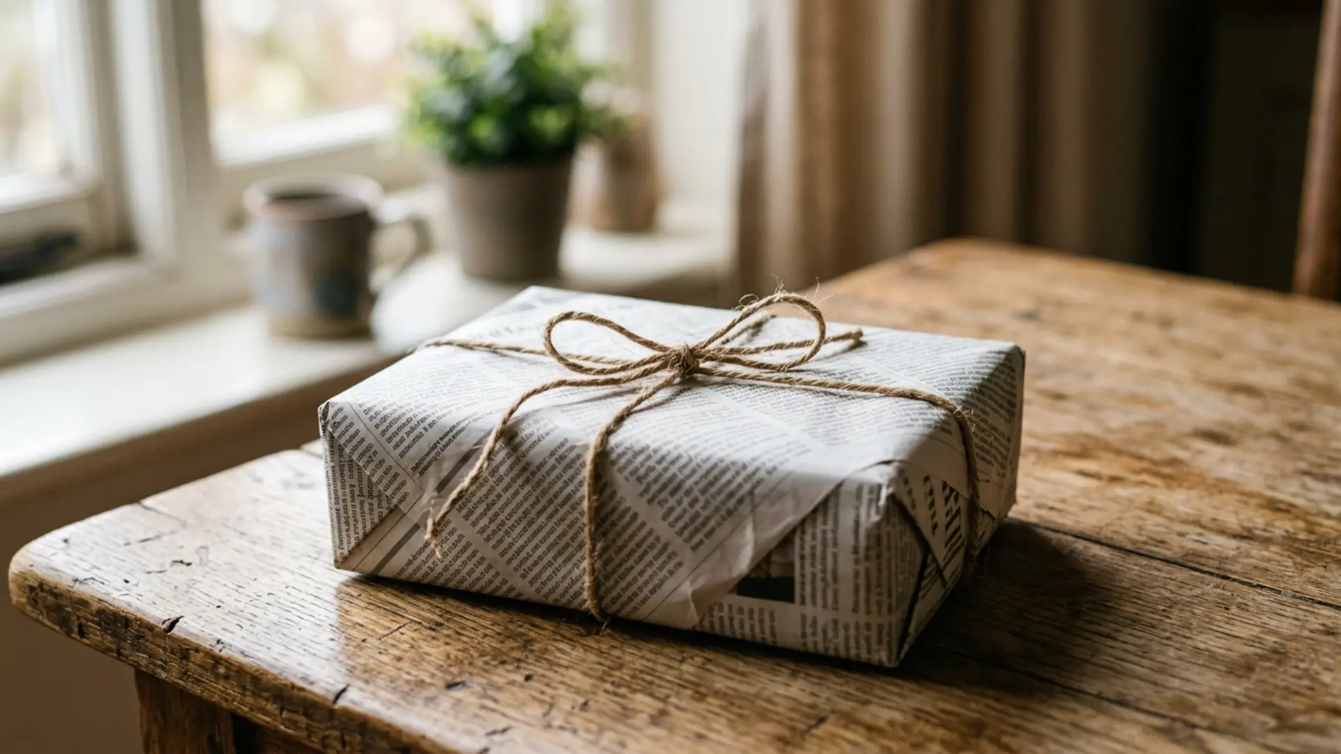 Wrapped gift box covered with newspaper and twine placed on a wooden table showing a creative recycled wrapping idea