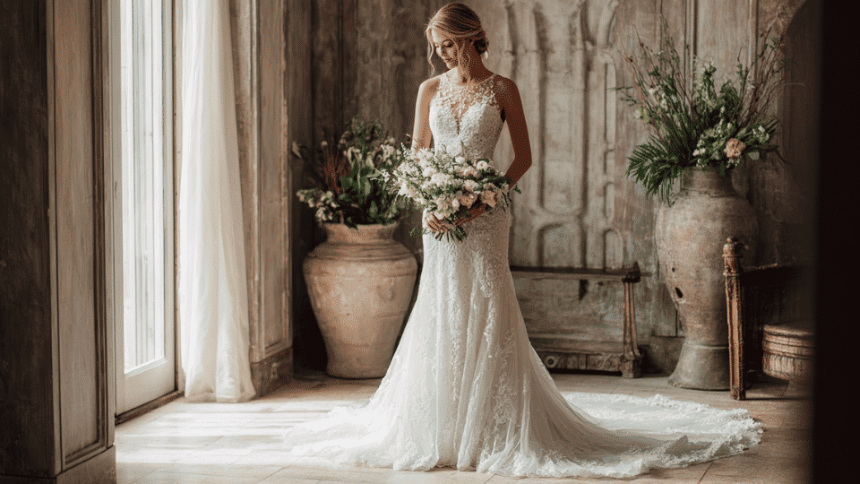 Bride in a white lace wedding gown holding a bouquet, standing indoors with soft natural lighting.